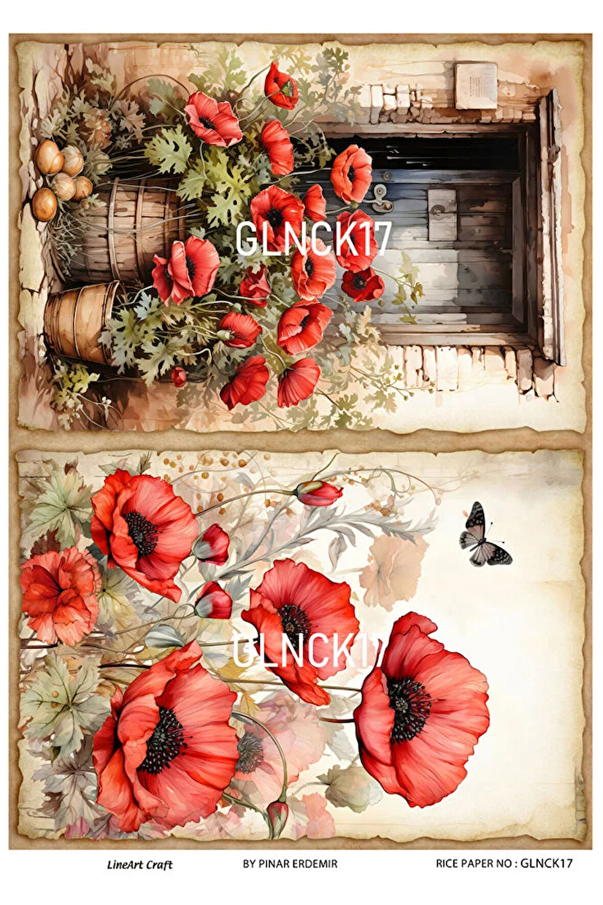 Gelincik Serisi GLNCK17 Gelincik, Çiçek, Kırmızı Desen Pirinç Dekopaj 30x42