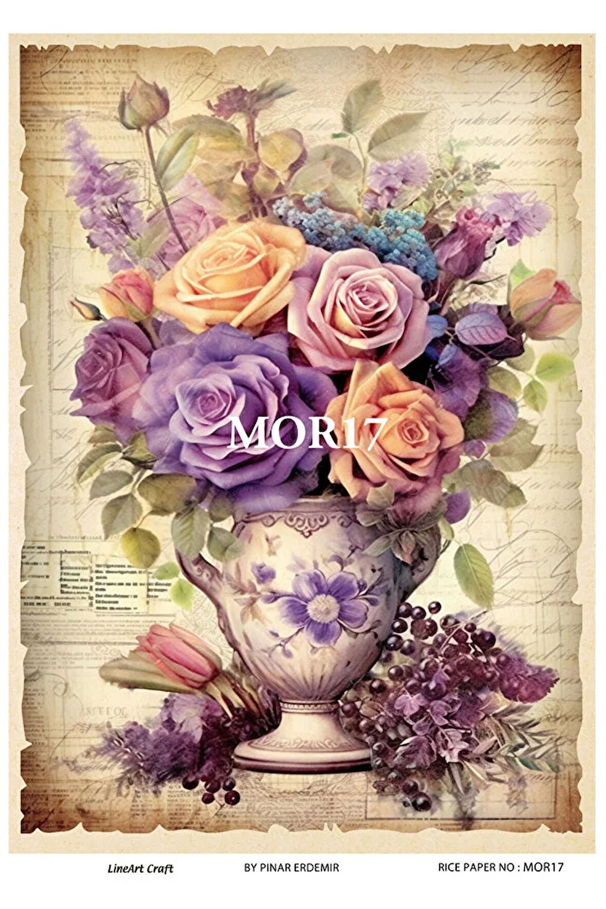Mor Serisi Mor17 Mor, Çiçek Desenli 30*42 cm Pirinç Dekopaj