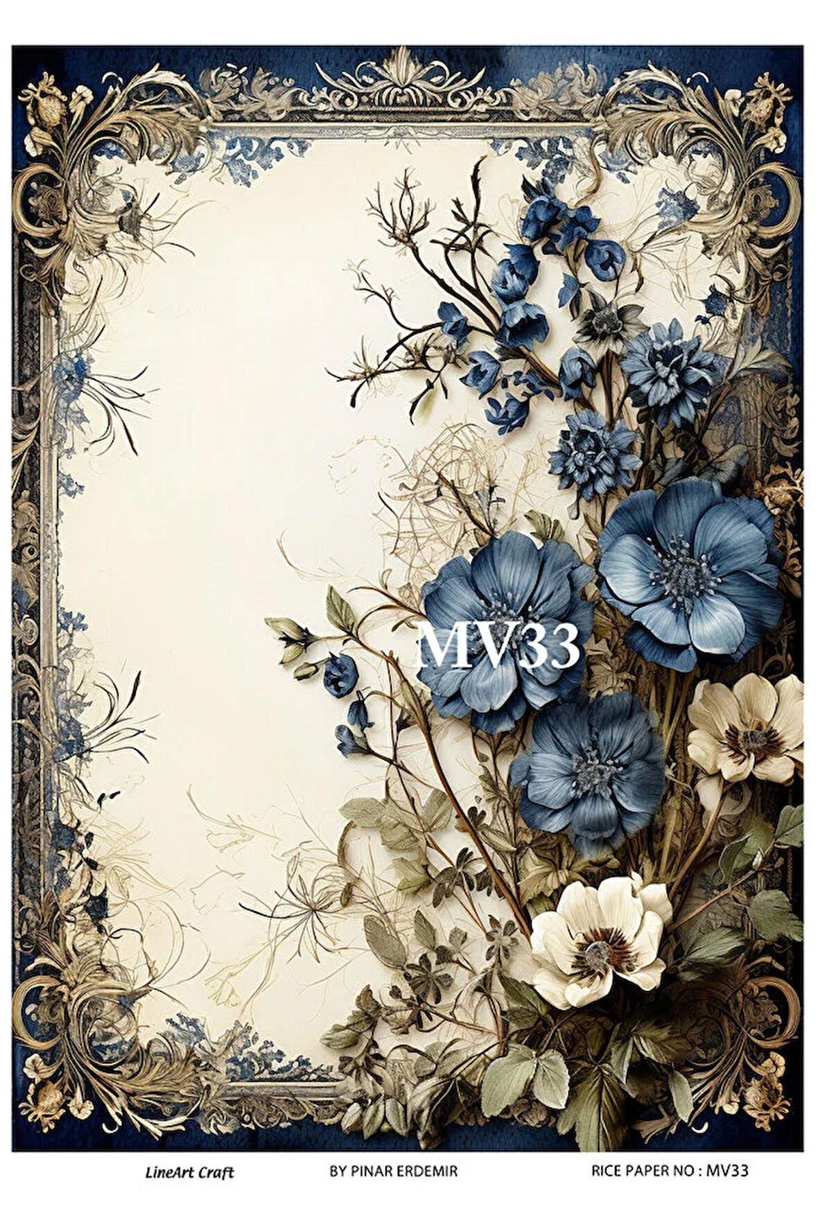 Mavi Serisi MV33 Mavi, Çiçek Desenli 30*42 cm Pirinç Dekopaj