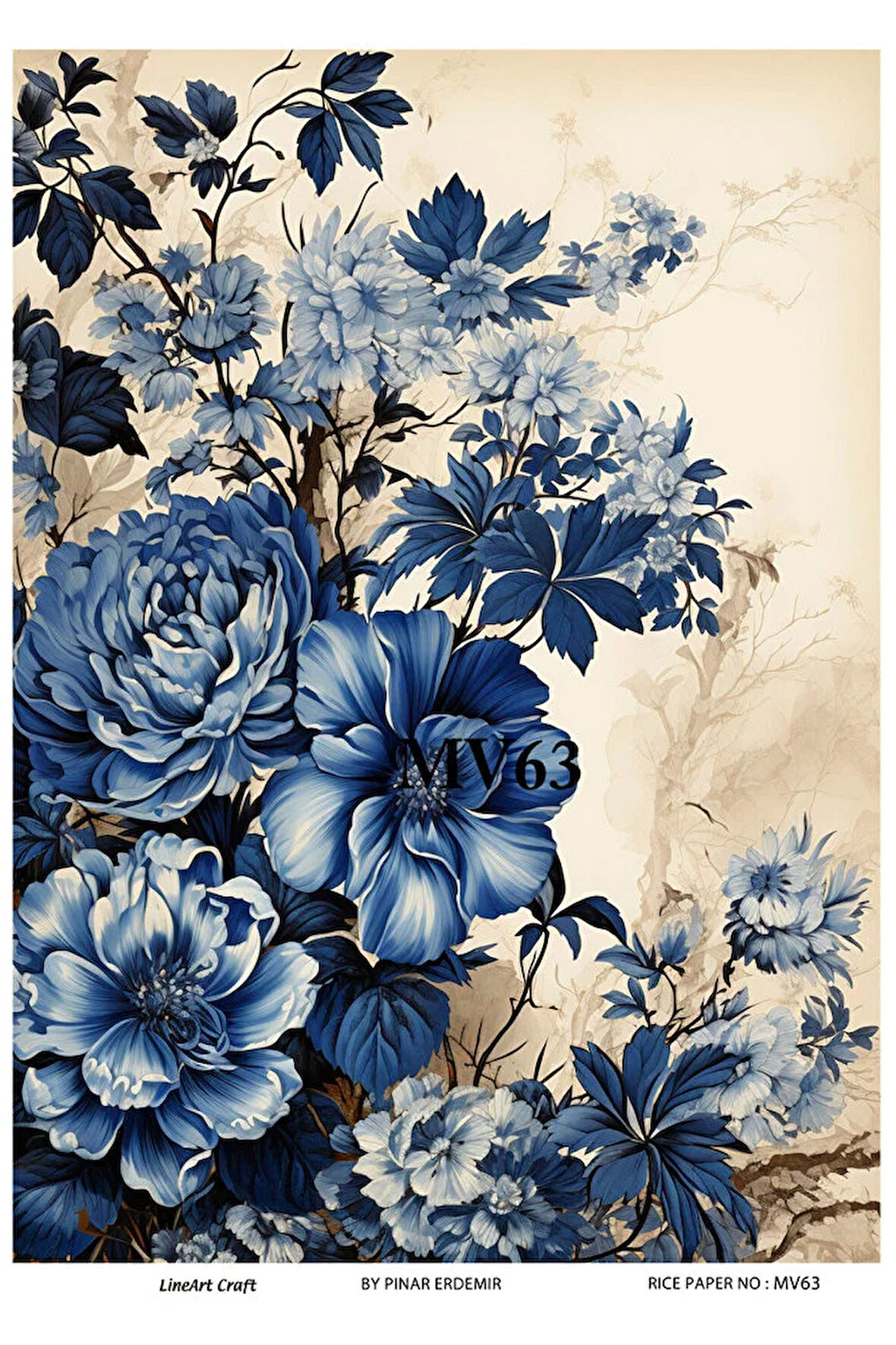 Mavi Serisi MV63 Mavi, Çiçek Desenli 30*42 cm Pirinç Dekopaj