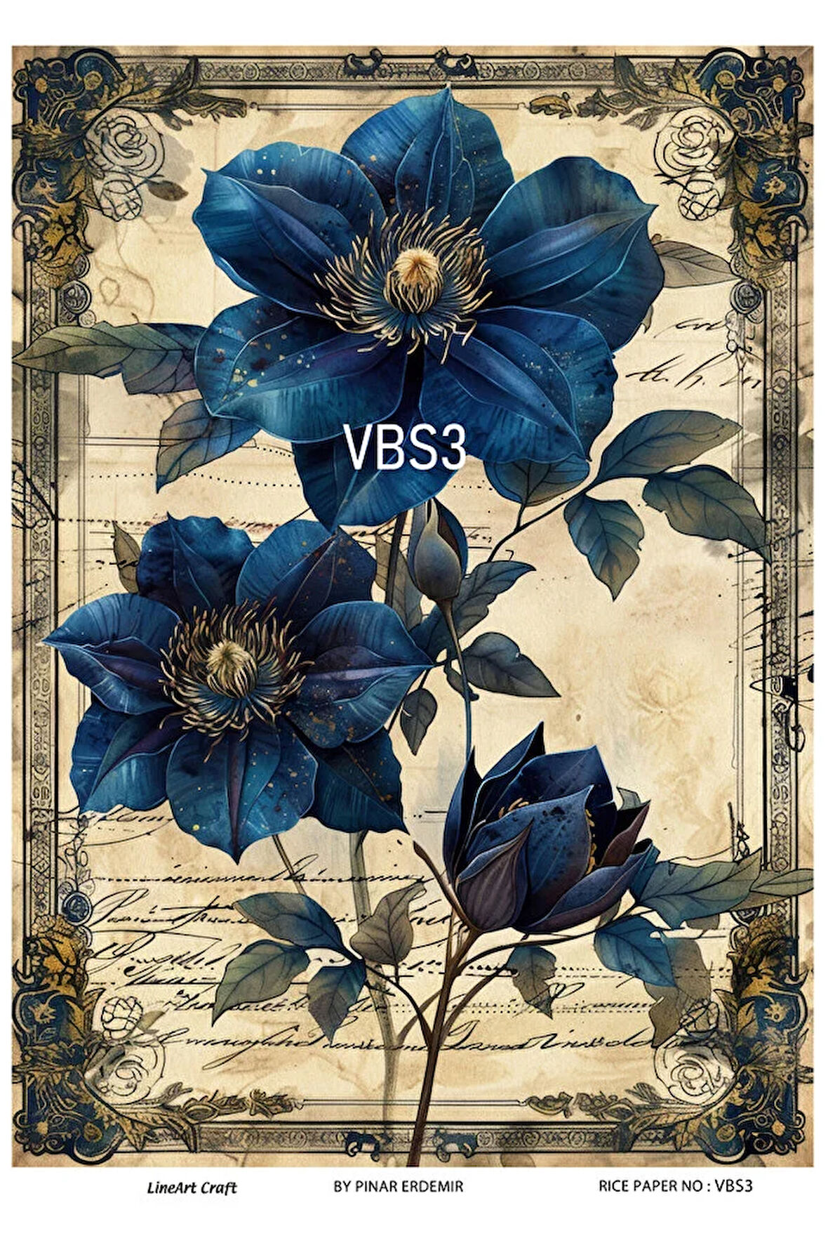 Lacivert Serisi VBS3 Mavi, Çiçek Desenli 30*42 cm Pirinç Dekopaj