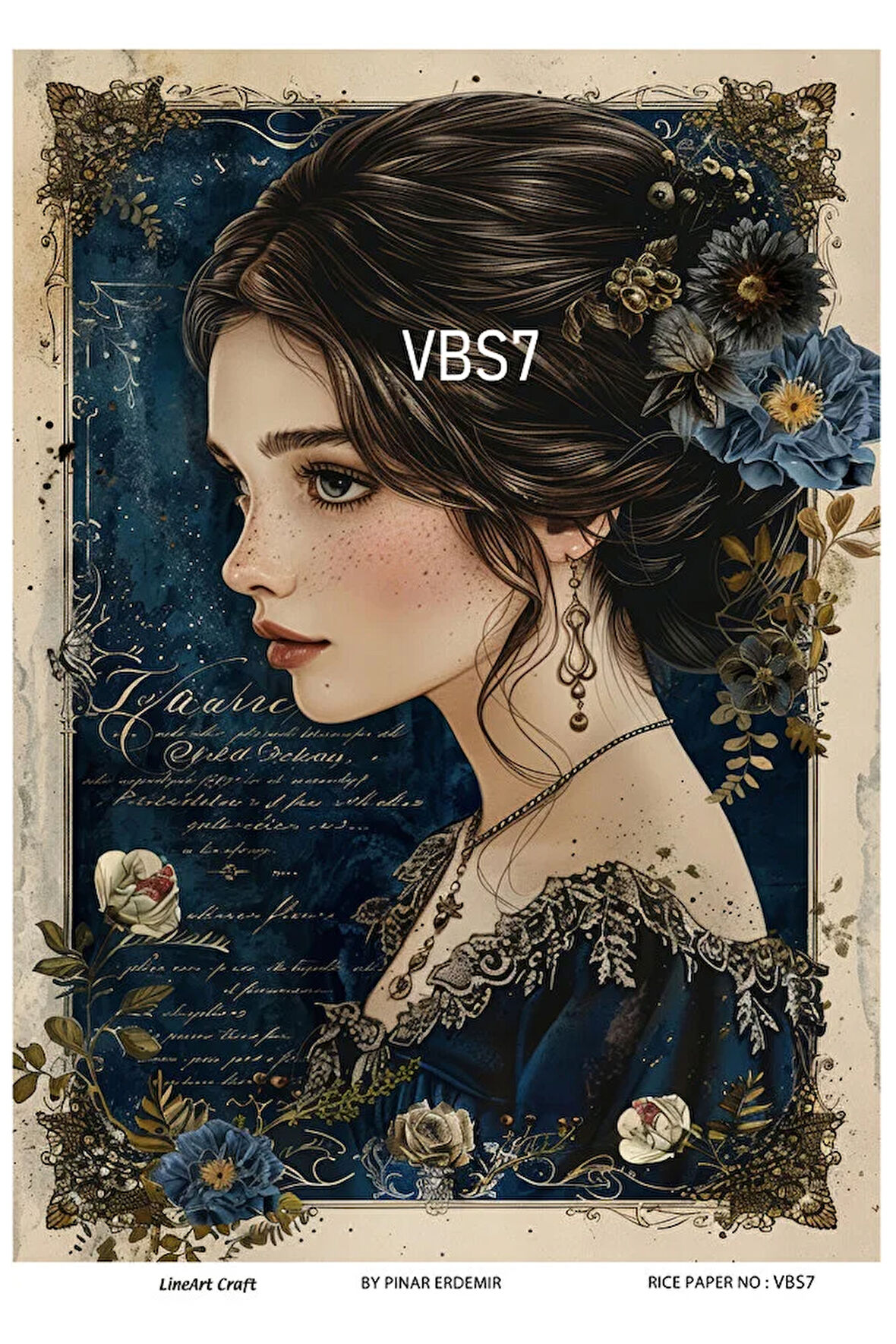 Lacivert Serisi VBS7 Mavi, Çiçek, Portre Desenli 30*42 cm Pirinç Dekopaj