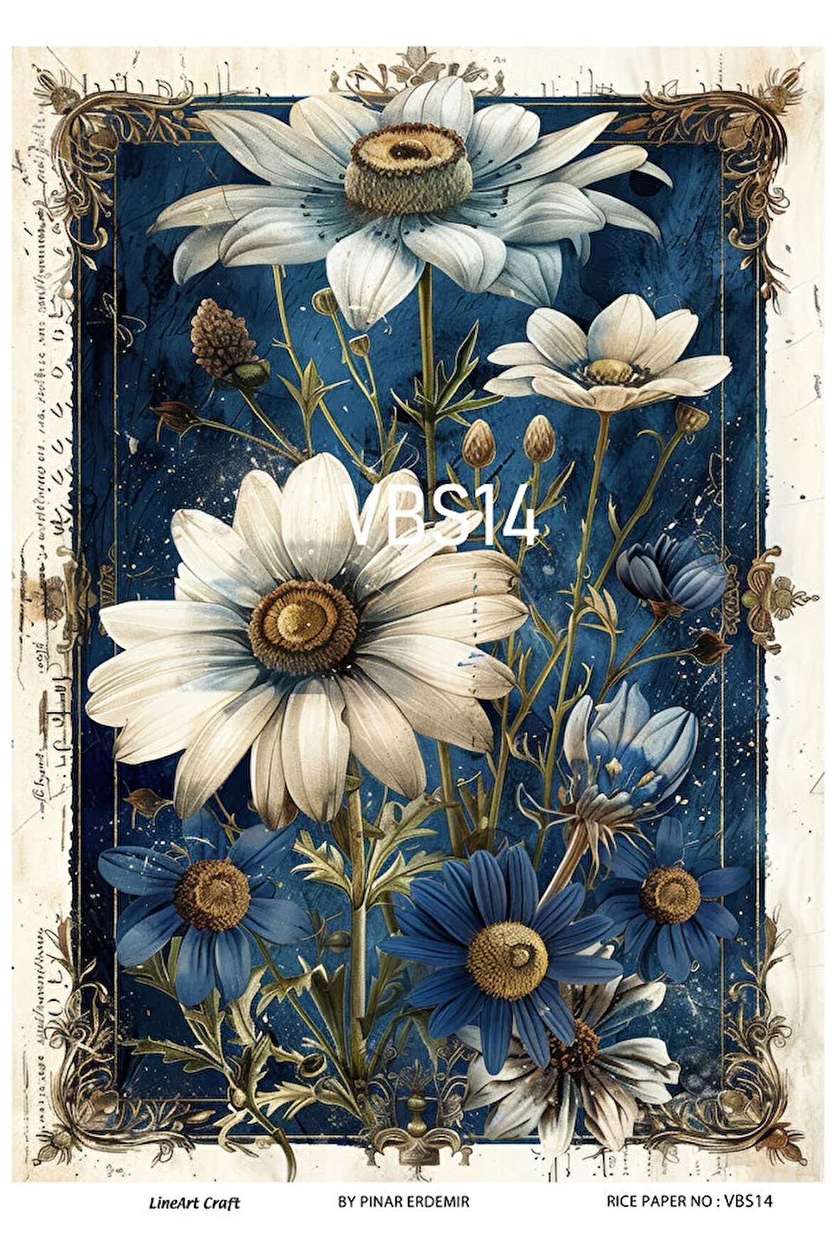 Lacivert Serisi VBS14 Mavi, Çiçek, Portre Desenli 30*42 cm Pirinç Dekopaj