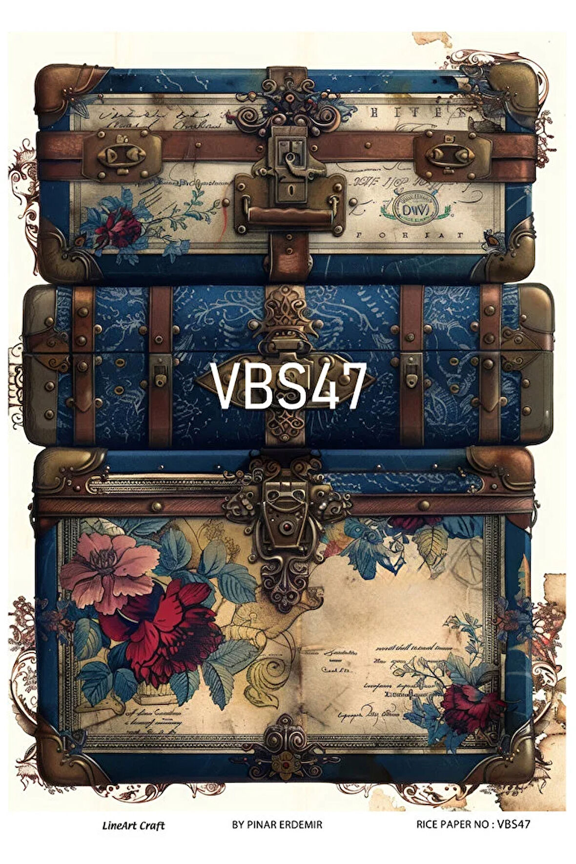 Lacivert Serisi VBS47 Mavi, Çiçek, Portre Desenli 30*42 cm Pirinç Dekopaj