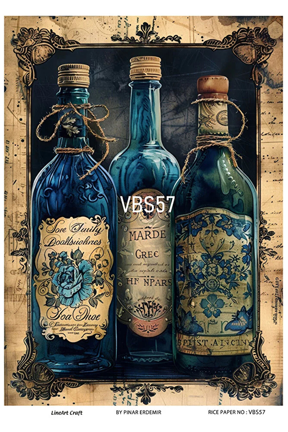 Lacivert Serisi VBS57 Mavi, Çiçek, Portre Desenli 30*42 cm Pirinç Dekopaj