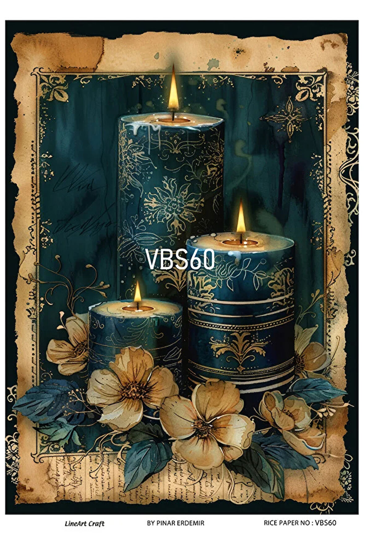 Lacivert Serisi VBS60 Mavi, Çiçek, Portre Desenli 30*42 cm Pirinç Dekopaj