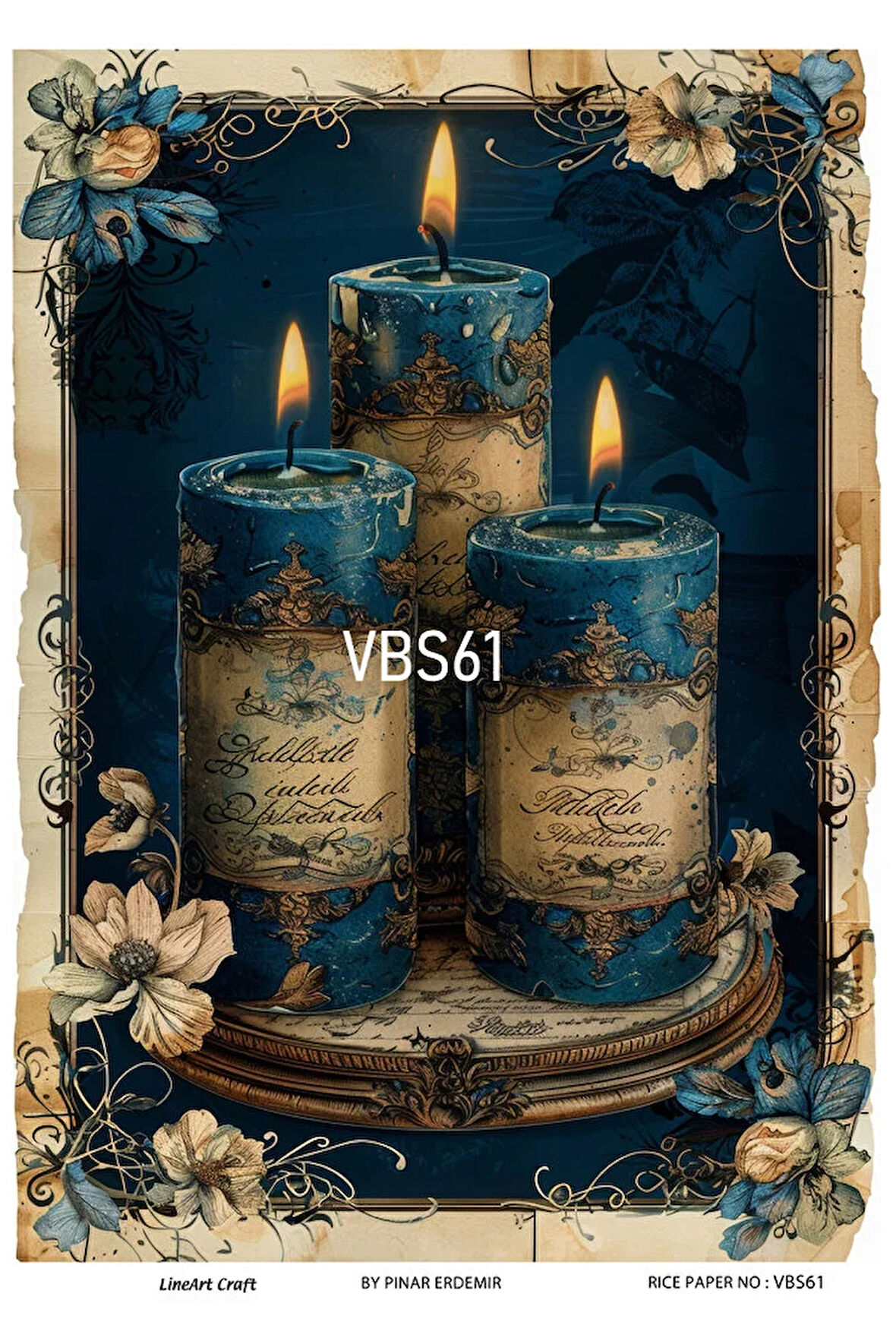 Lacivert Serisi VBS61 Mavi, Çiçek, Portre Desenli 30*42 cm Pirinç Dekopaj