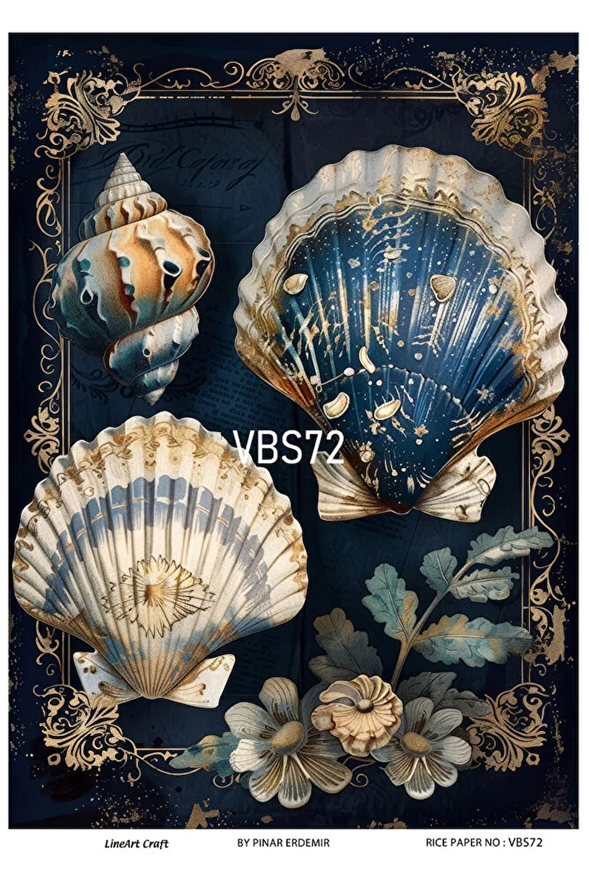 Lacivert Serisi VBS72 Mavi, Çiçek, Marin Desenli 30*42 cm Pirinç Dekopaj