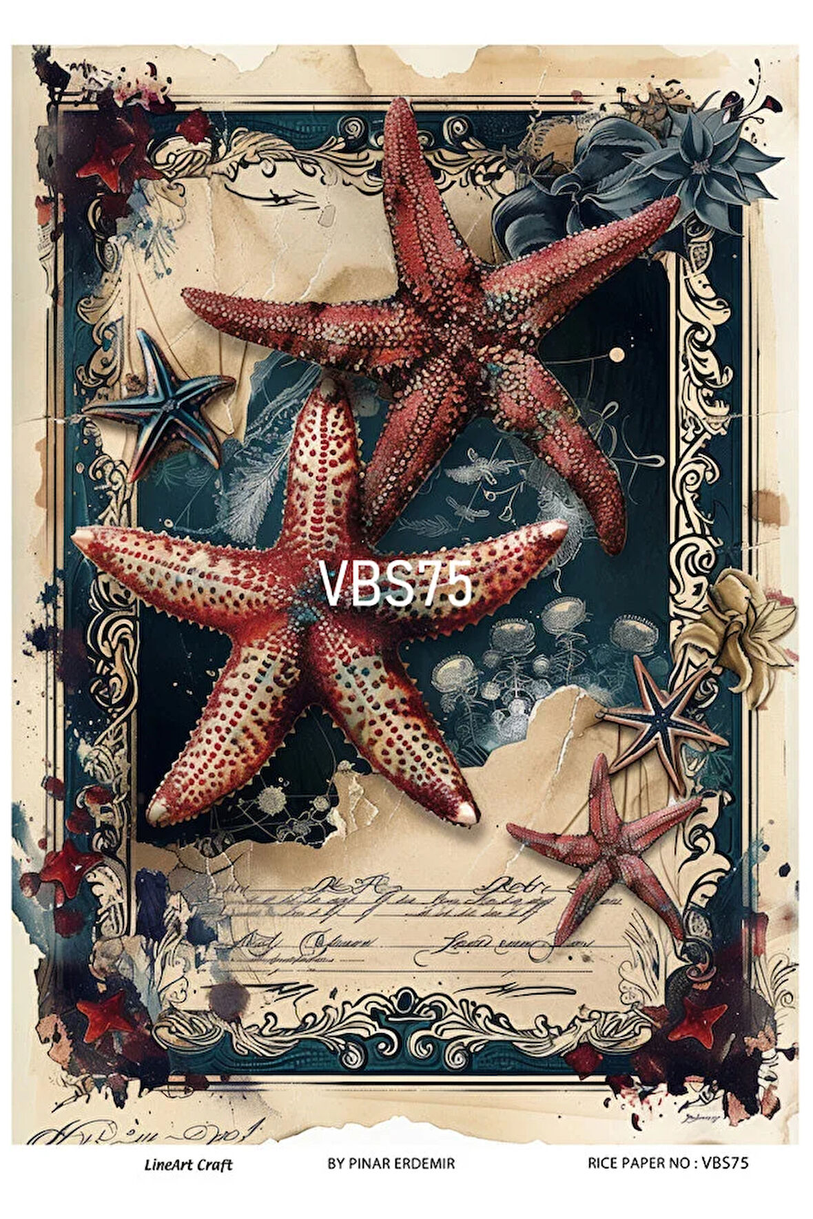 Lacivert Serisi VBS75 Mavi, Çiçek, Marin Desenli 30*42 cm Pirinç Dekopaj