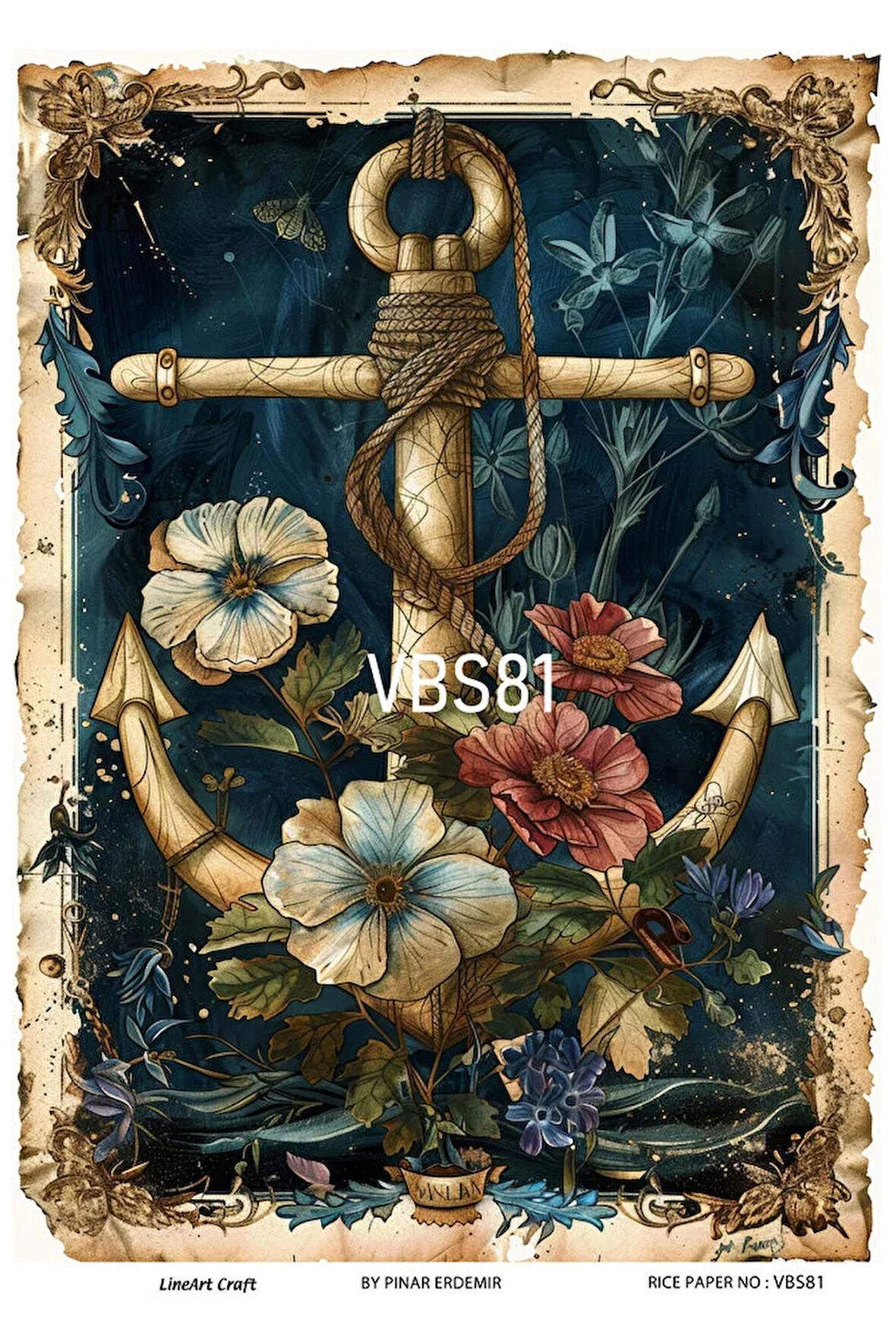 Lacivert Serisi VBS81 Mavi, Çiçek, Marin Desenli 30*42 cm Pirinç Dekopaj