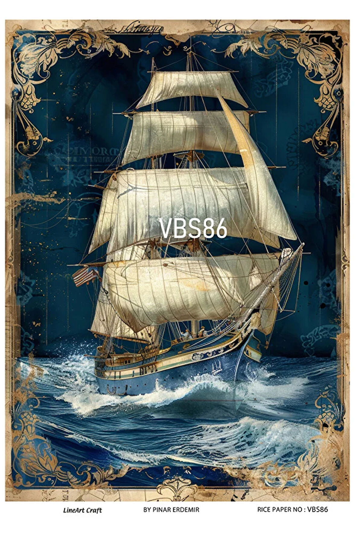 Lacivert Serisi VBS86 Mavi, Çiçek, Marin Desenli 30*42 cm Pirinç Dekopaj