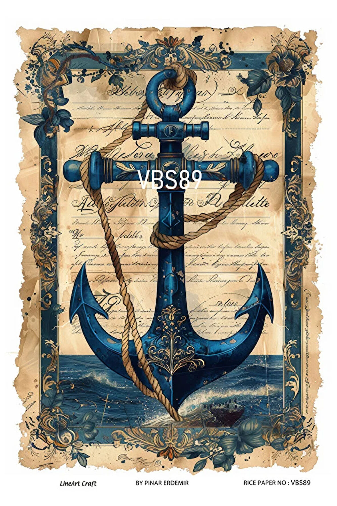 Lacivert Serisi VBS89 Mavi, Çiçek, Marin Desenli 30*42 cm Pirinç Dekopaj