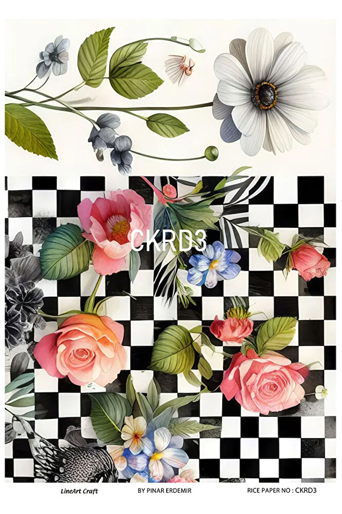Çiçek ve Kareli Seri CKRD3 Siyah, Beyaz, Kareli ve Çiçek Desenli 30*42 cm Pirinç Dekopaj