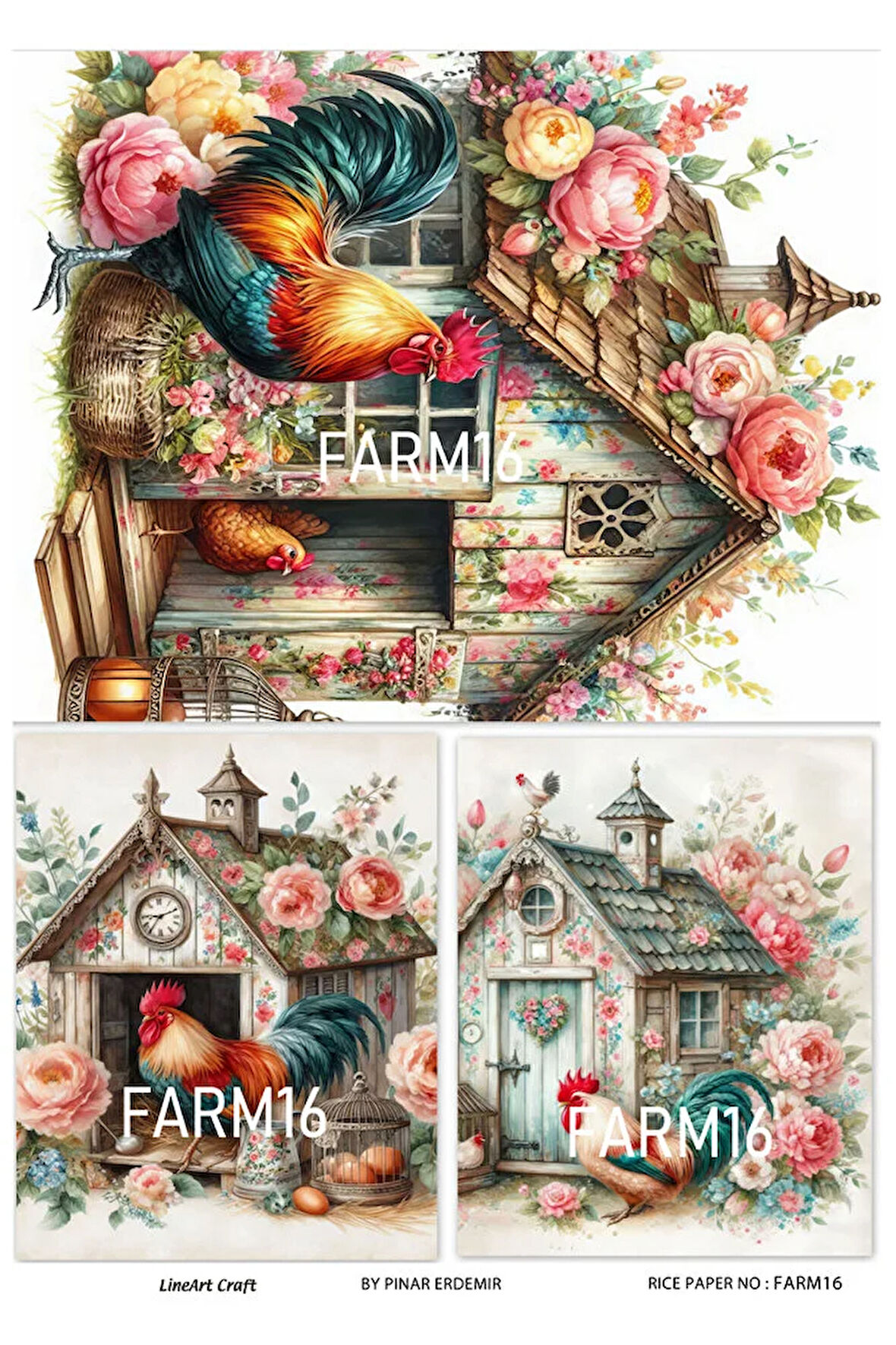 Farm Serisi FARM16 Renkli, Horoz Desenli 30*42 cm Pirinç Dekopaj