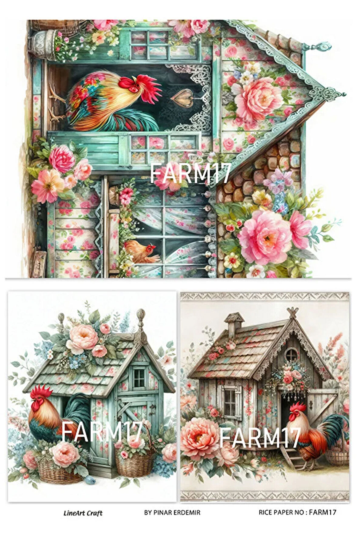 Farm Serisi FARM17 Renkli, Horoz Desenli 30*42 cm Pirinç Dekopaj