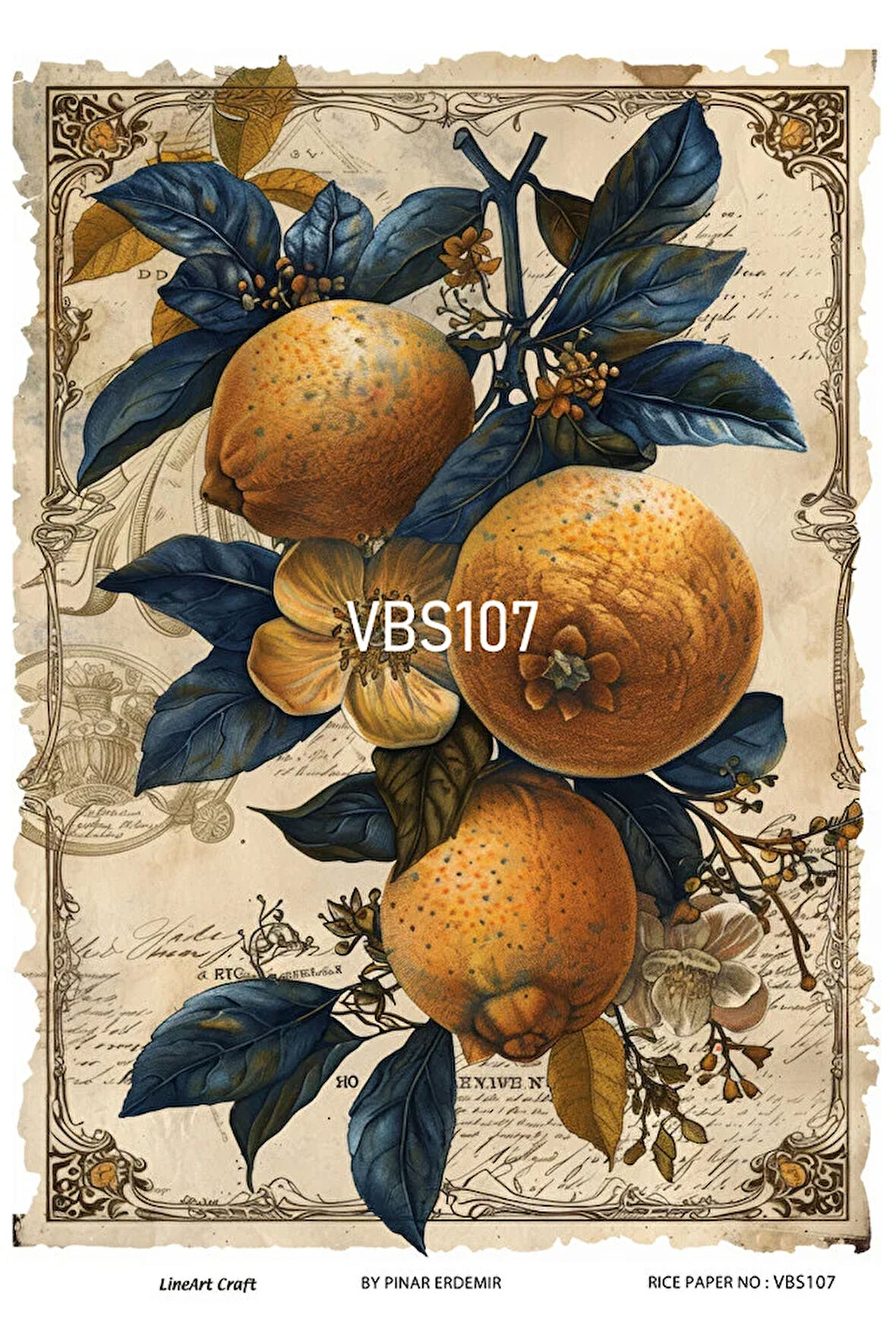 Lacivert Serisi VBS107 Limon, Mavi, Çiçek Desenli 30*42 cm Pirinç Dekopaj