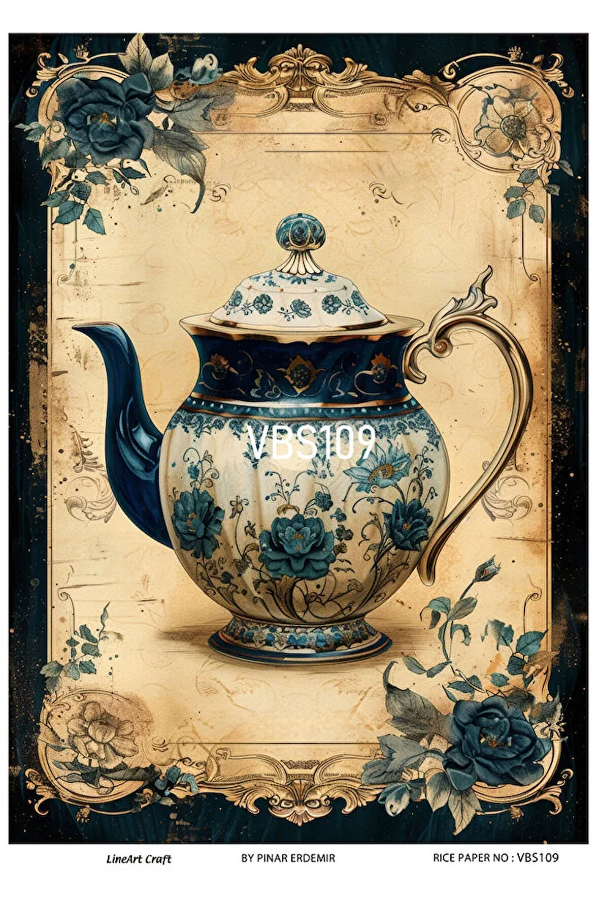 Lacivert Serisi VBS109 Demlik, Mavi, Çiçek Desenli 30*42 cm Pirinç Dekopaj