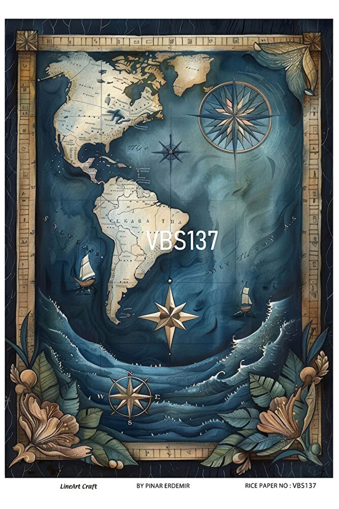 Lacivert Serisi VBS137 Atlas, Harita, Deniz Desenli 30*42 cm Pirinç Dekopaj