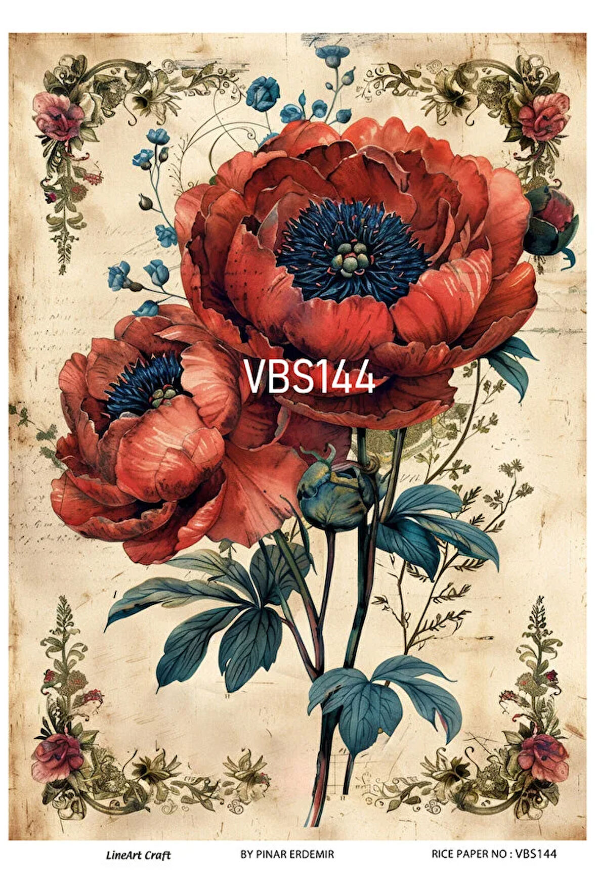 Lacivert Serisi VBS144 Çiçek, Gelincik Desenli 30*42 cm Pirinç Dekopaj