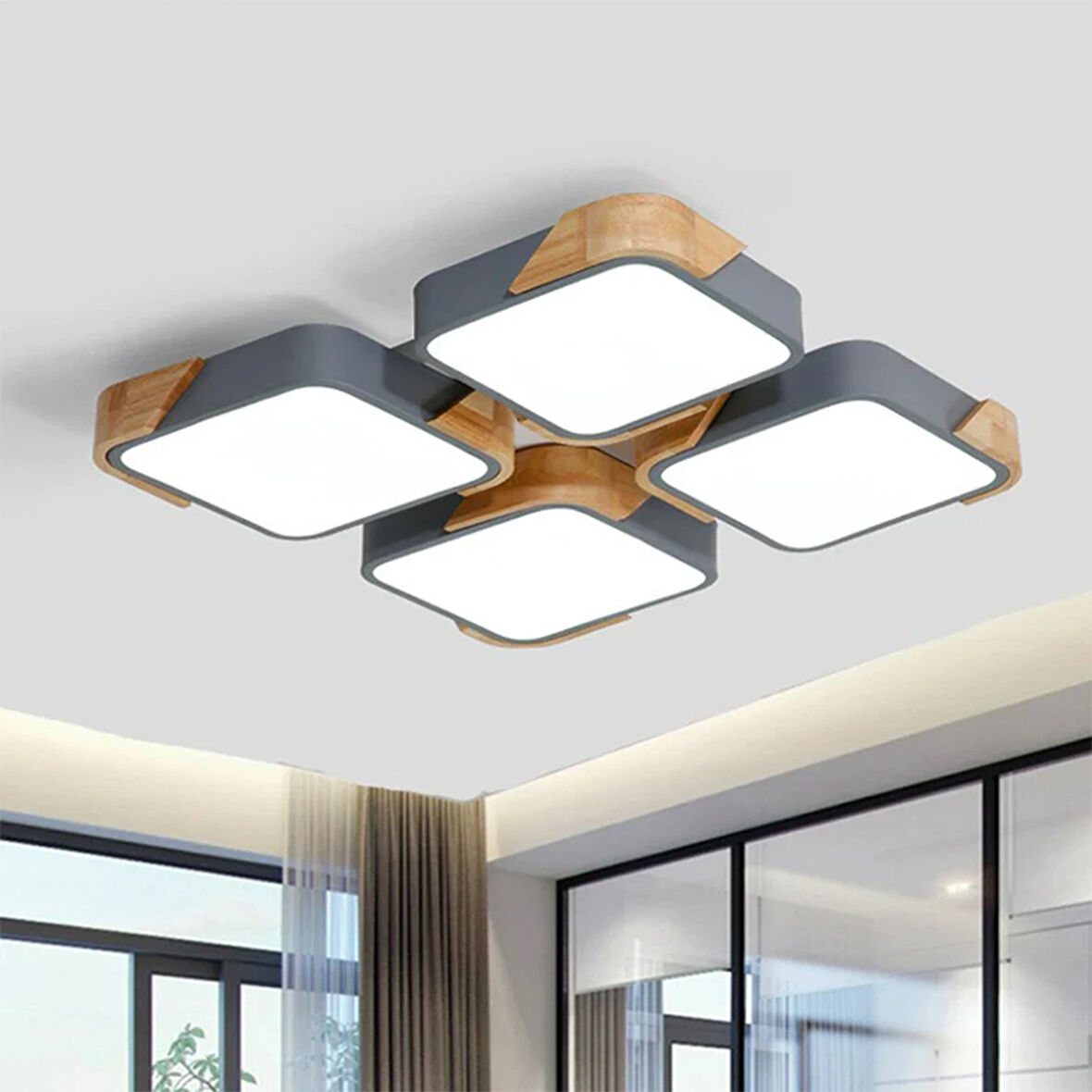 Kare Antrasit Kumandalı Dimli 3 Işık Renkli Ahşaplı 50x50cm Led Tavan Lambası, Modern Aydınlatma