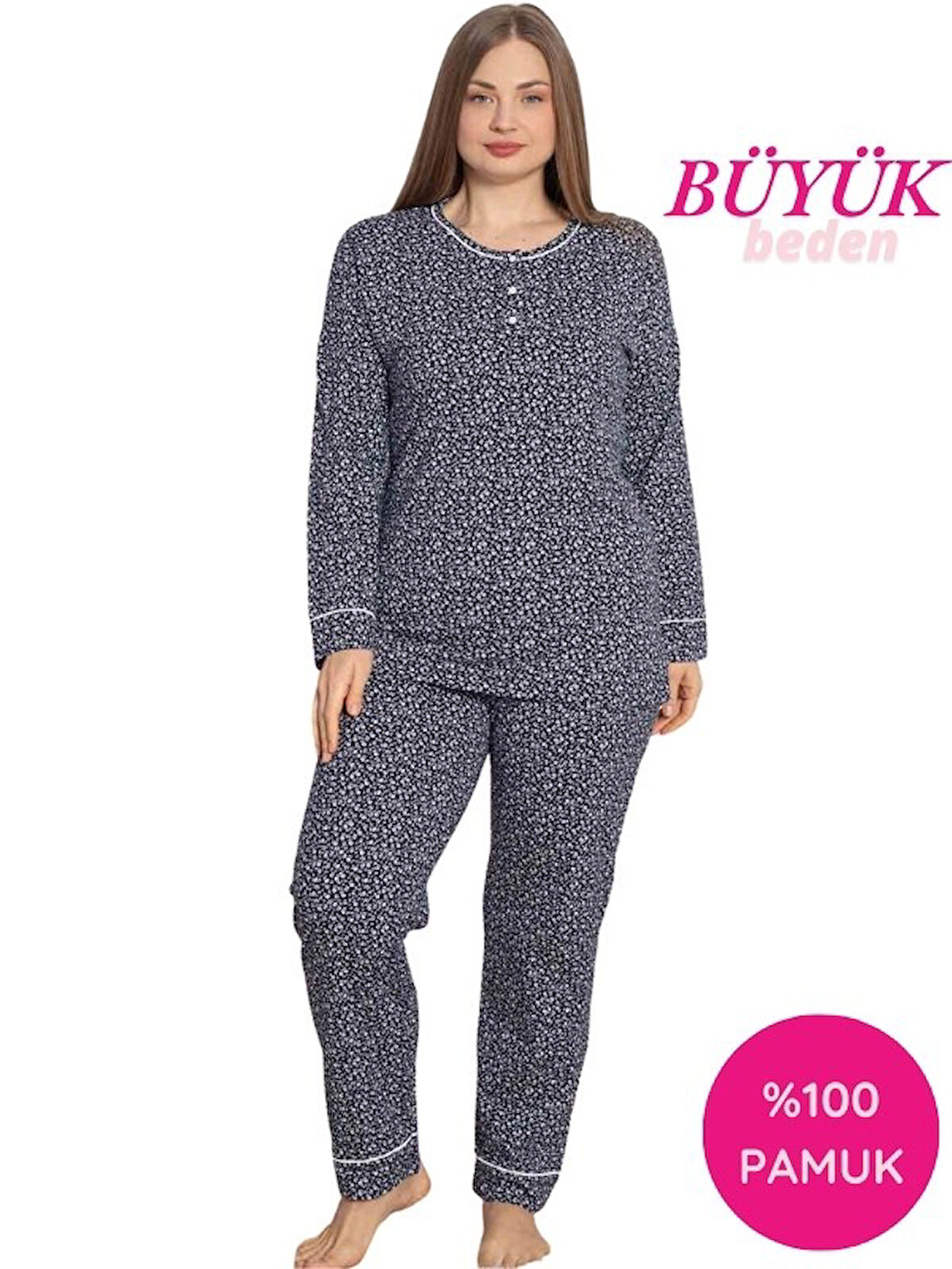 Kadın Bisiklet Yaka Büyük Beden Lacivert Çiçek Desen 3 Düğmeli Mevsimlik Uzun Kol Pijama Takımı