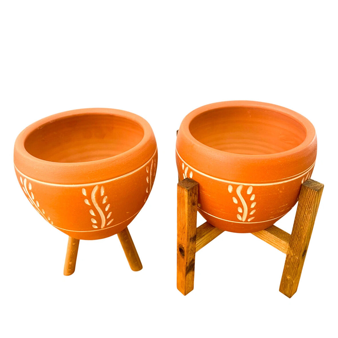 Bitki Tasarımı Ev Dekorasyon Nakış Desenli Terrakota Toprak Saksı Saksılık Salon Çiçeklik İkili Set 3 Ayaklı- 4 Ayaklı- 15 Cm