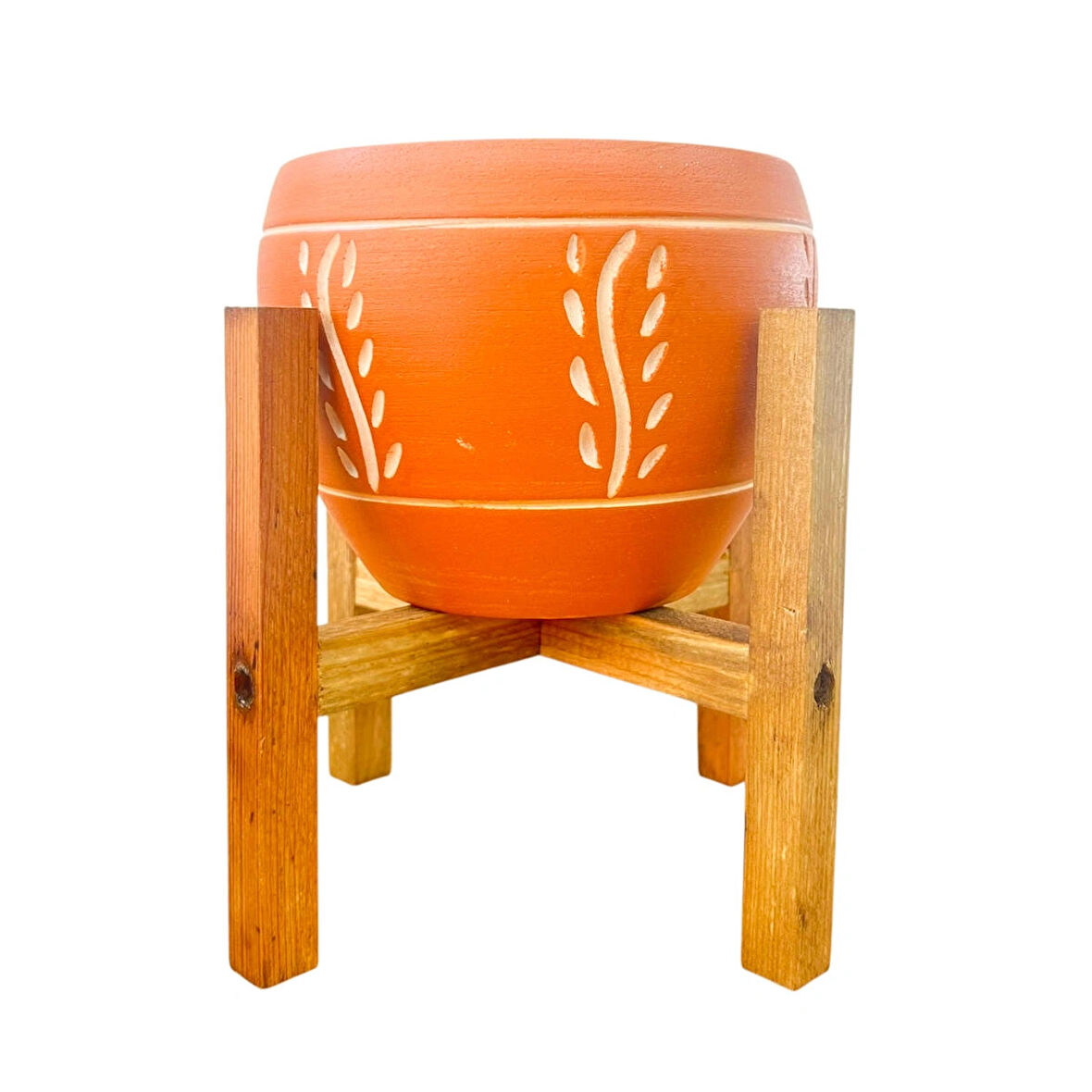 Bitki Tasarımı Ev Dekorasyon Nakış Desenli Terrakota Toprak Saksı Saksılık Salon Çiçeklik 4 Ayaklı - 15 Cm