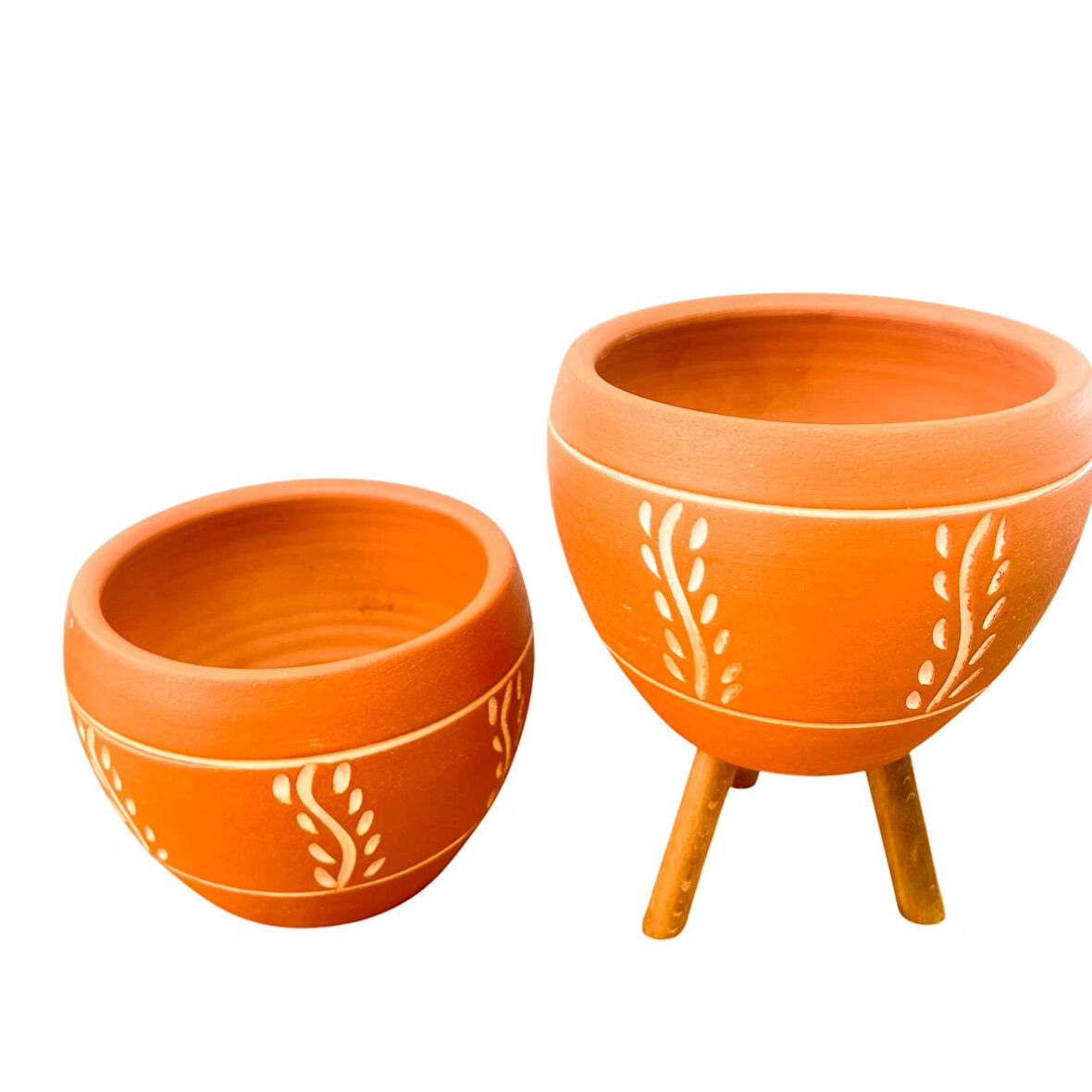 Bitki Tasarımı Ev Dekorasyon Nakış Desenli Terrakota Toprak Saksı Saksılık Salon Çiçeklik İkili Set Ayaksız - 3 Ayaklı- 15 Cm
