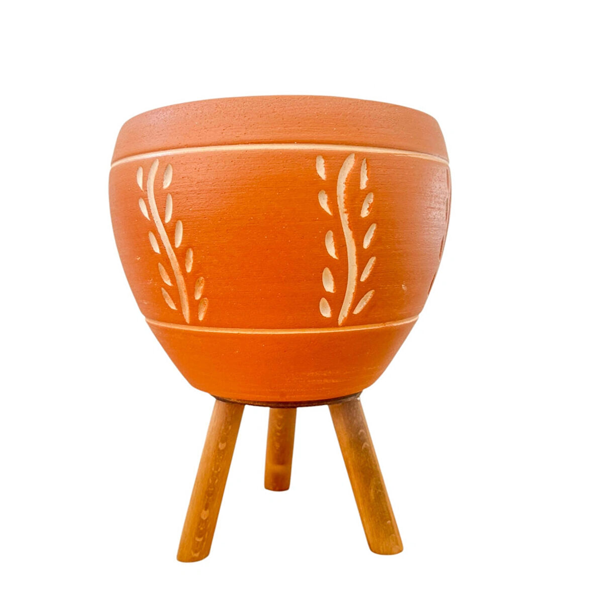 Bitki Tasarımı Ev Dekorasyon Nakış Desenli Terrakota Toprak Saksı Saksılık Salon Çiçeklik 3 Ayaklı - 15 Cm
