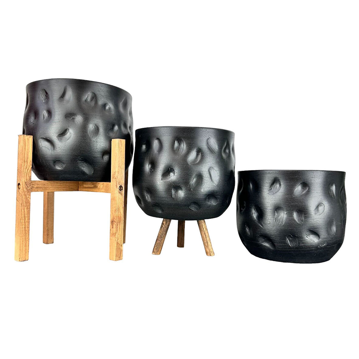 Bitki Tasarımı Ev Dekorasyon Aksesuar Siyah Desenli Toprak Saksı Saksılık Salon Çiçeklik Üçlü Set 19 CM