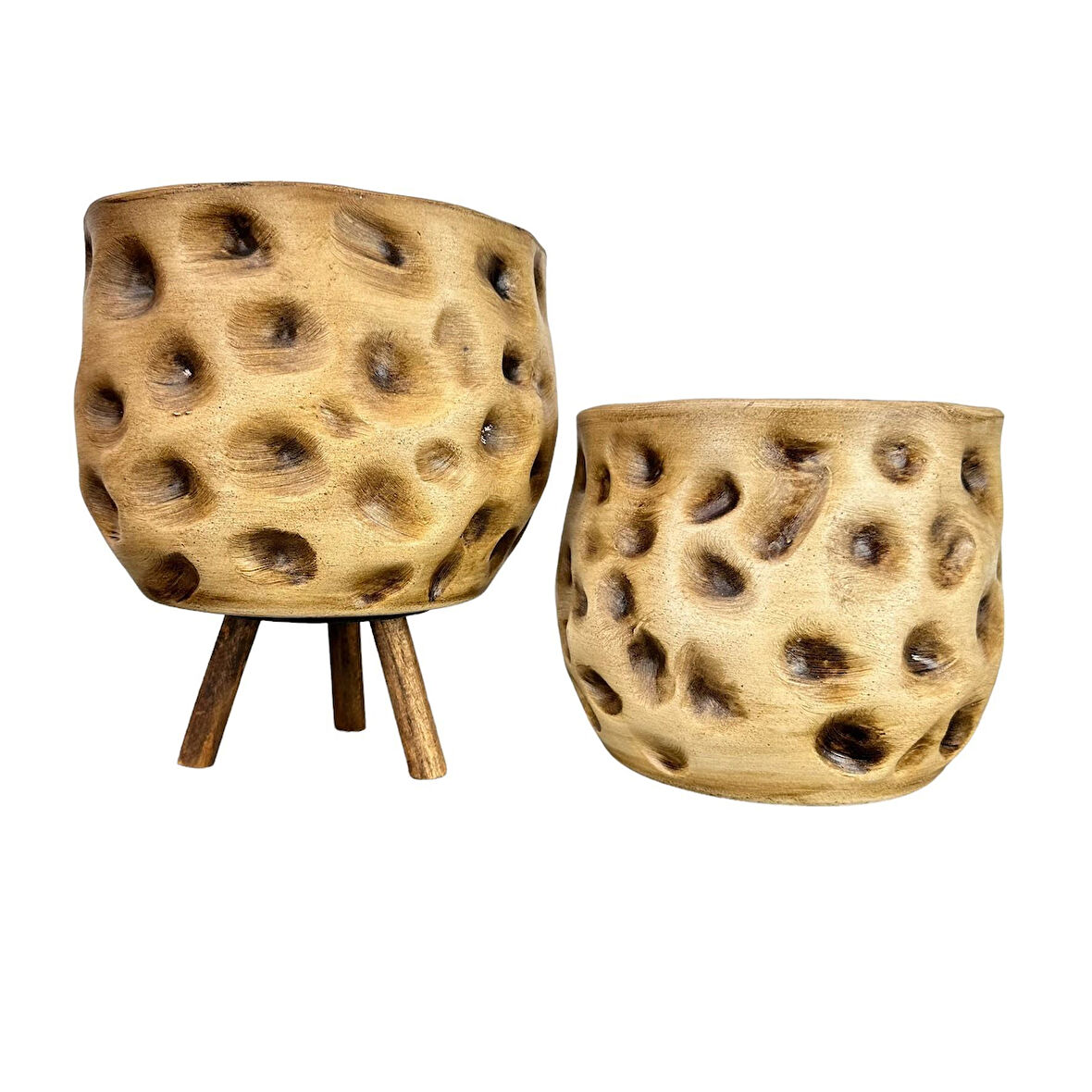 Bitki Tasarımı Ev Dekorasyon Aksesuar Naturel Desenli Toprak Saksı Saksılık Salon Çiçeklik İkili Set Ayaksız - 3 Ayaklı 19 CM