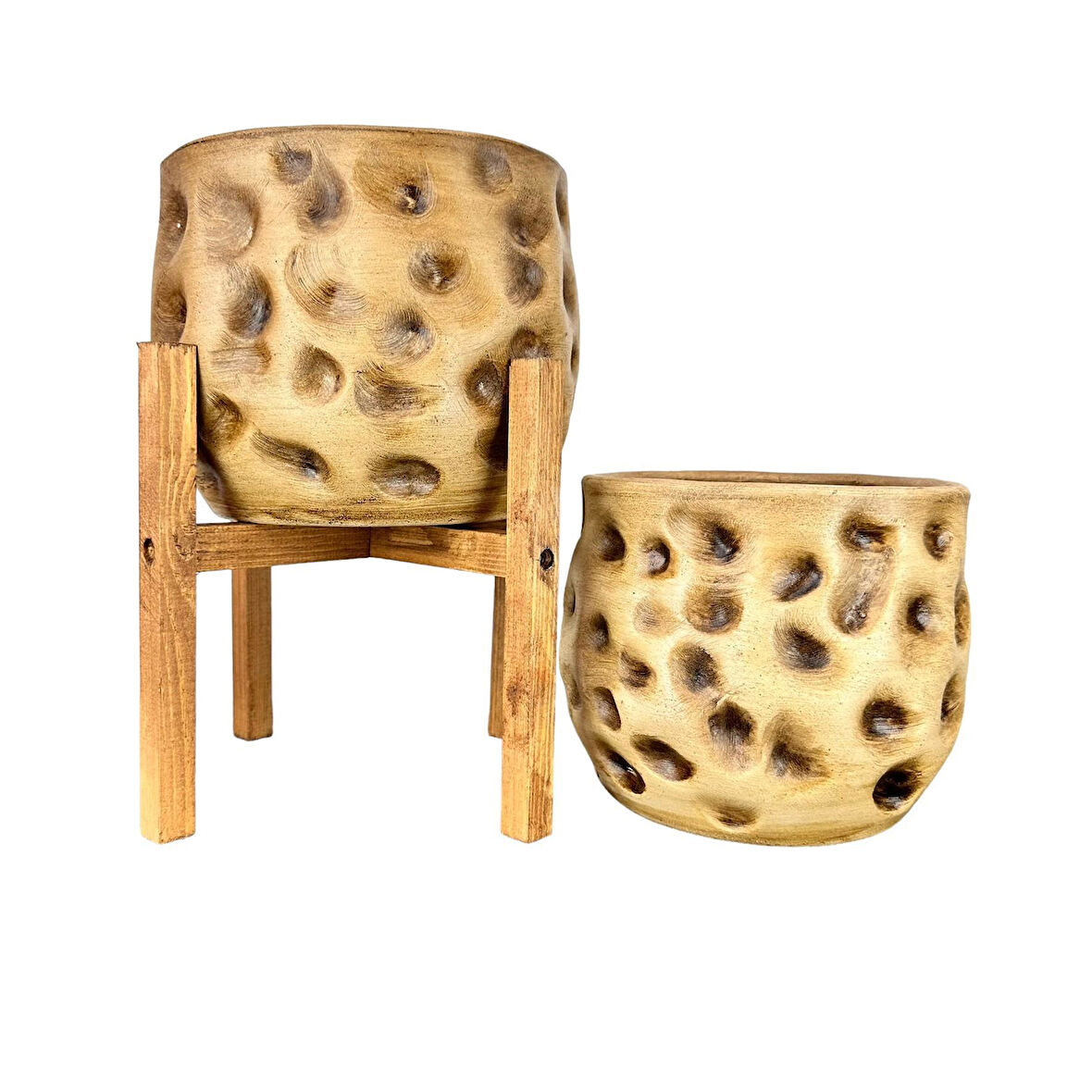 Bitki Tasarımı Ev Dekorasyon Aksesuar Naturel Desenli Toprak Saksı Saksılık Salon Çiçeklik İkili Set 4 Ayaklı - Ayaksız 19 CM