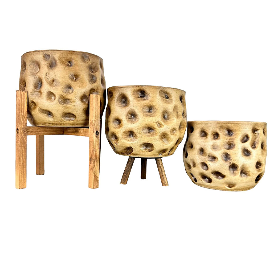 Bitki Tasarımı Ev Dekorasyon Aksesuar Naturel Desenli Toprak Saksı Saksılık Salon Çiçeklik Üçlü Set 19 CM