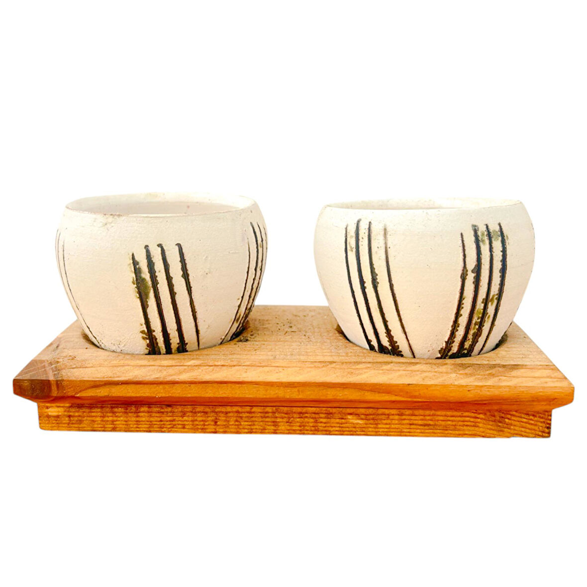 Bitki Tasarımı Ev dekorasyon Aksesuar Bej Çizgili Eskitme Toprak Saksı İkili Ahşap Tabanlı Çiçeklik Saksı Saksılık