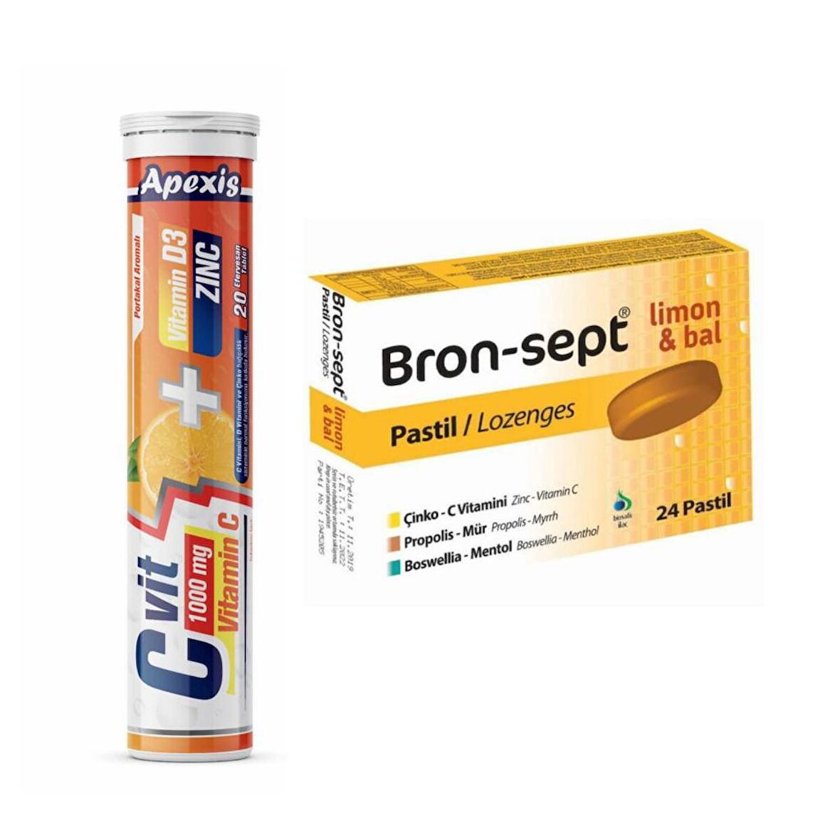 apexis c vitamini d vit çinko 20 efervesan + bronsept ballı limonlu 24 pastil set