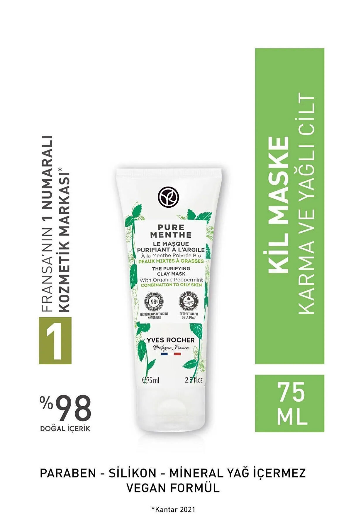 Karma Ve Yağlı Ciltler İçin Pure Menthe Kil Maske-75 ml / Şampuan Masaj Fırçası Bambu Hediyeli