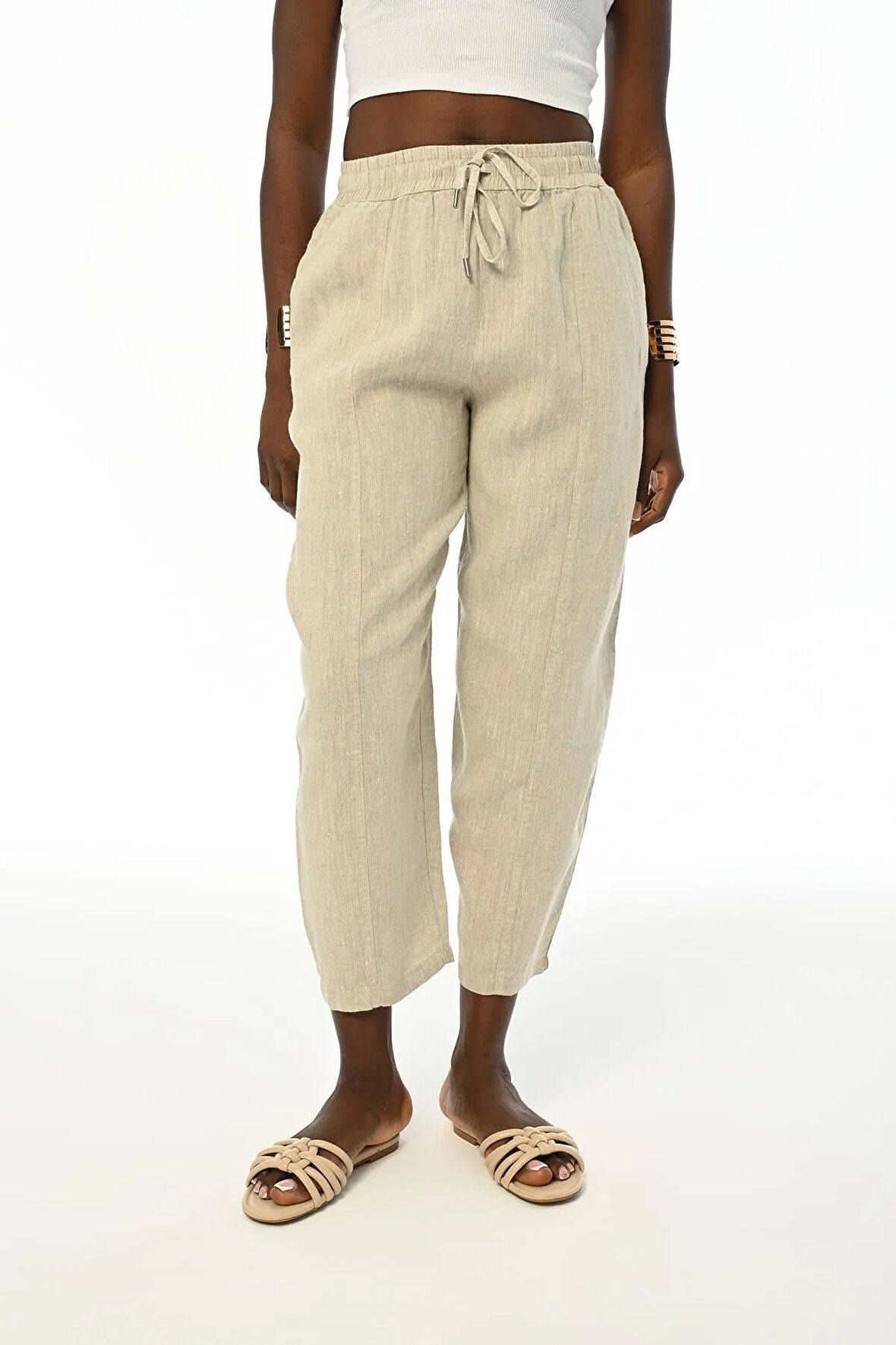 KADIN RAHAT KALIP BOL PAÇA BELİ LASTİKLİ NATUR PANTOLON