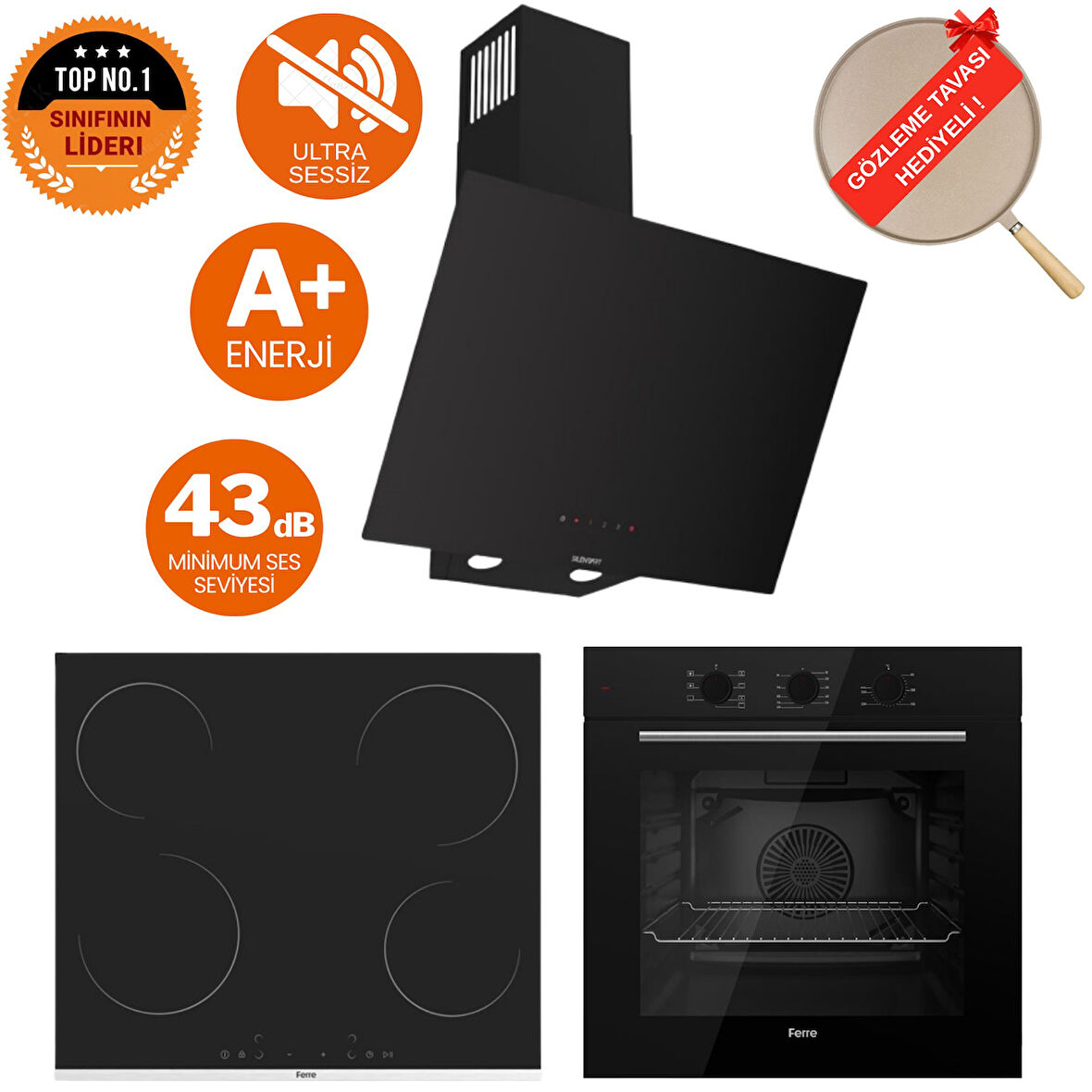 Ferre FlowArt Kappa SilenArt Ultra Sessiz Siyah Ankastre Set ( D077-SA + QBL62CS  +  MS261 )