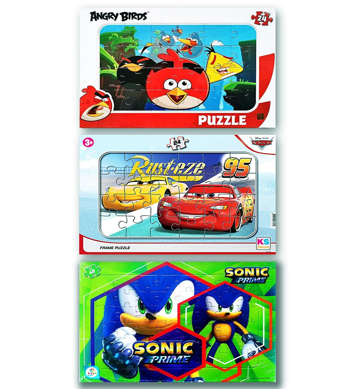 Cars, Angry Bırds, Sonic 3 lü Frame Puzzle/Yapboz Set