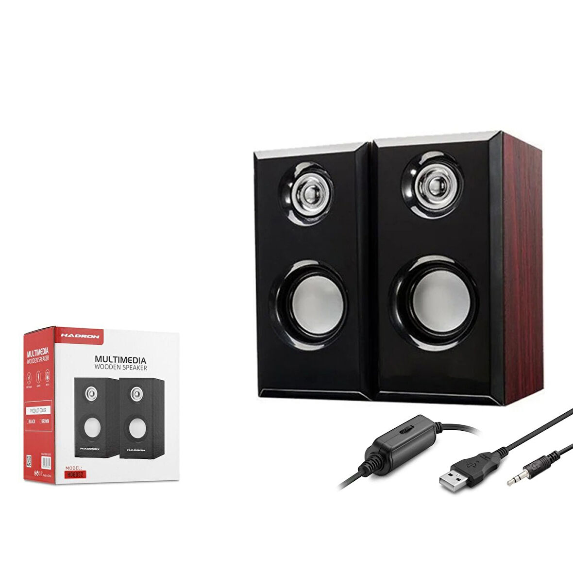 Hadron HD6052 1+1 Kanal 2x3W Çıkışlı 3.5mm AUX Ses + USB Güç Beslemeli Bilgisayar Hoparlörü - Kahverengi