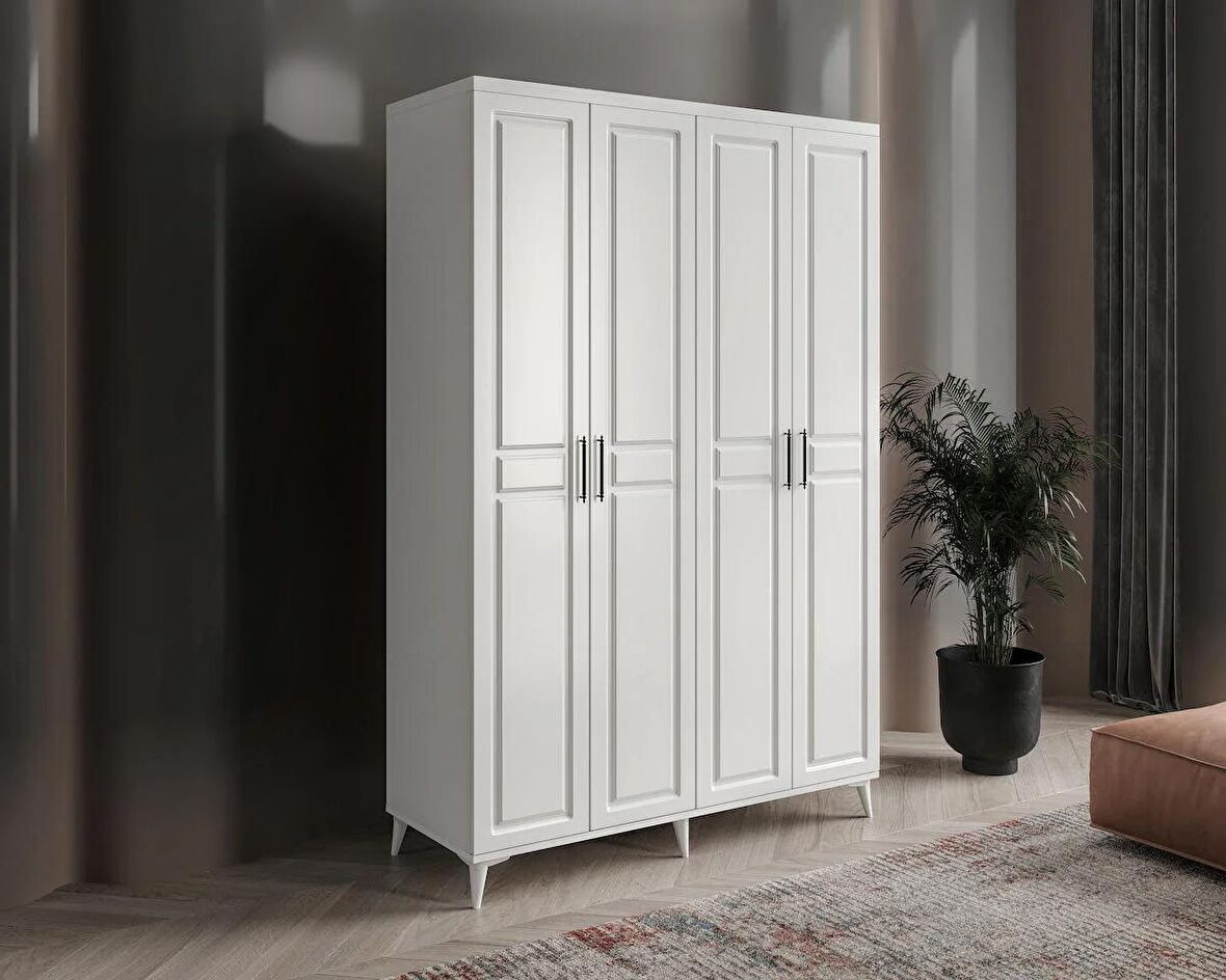 Ücretsiz Montaj - 100% MDF Sport 4 Kapaklı Beyaz Gardırop - MDF Dolap - Elbise Dolabı
