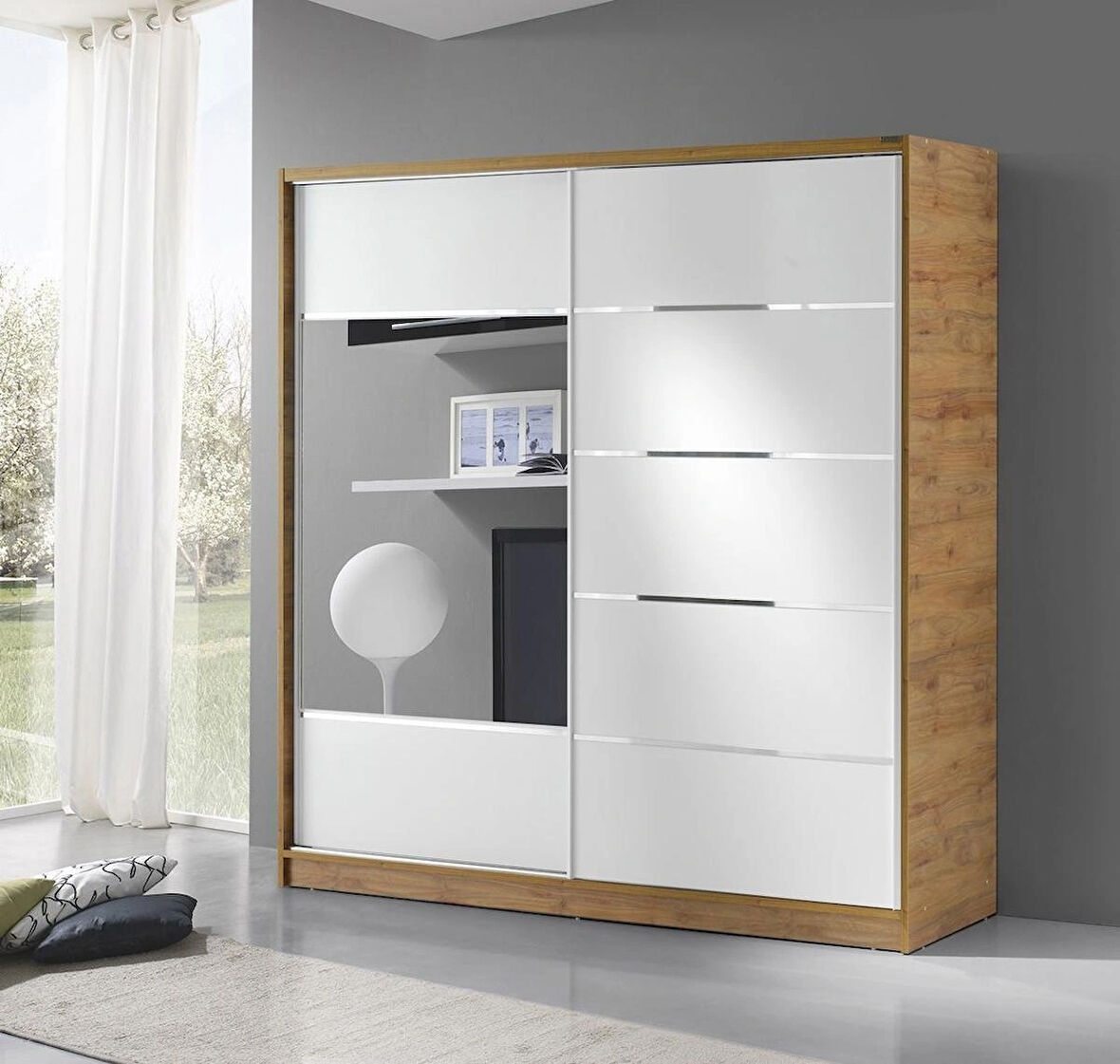 Ücretsiz Montaj - 100 % MDF 160 Cm Sürgülü Ceviz Beyaz Gardırop-Ray Dolap Elbise Dolabı 