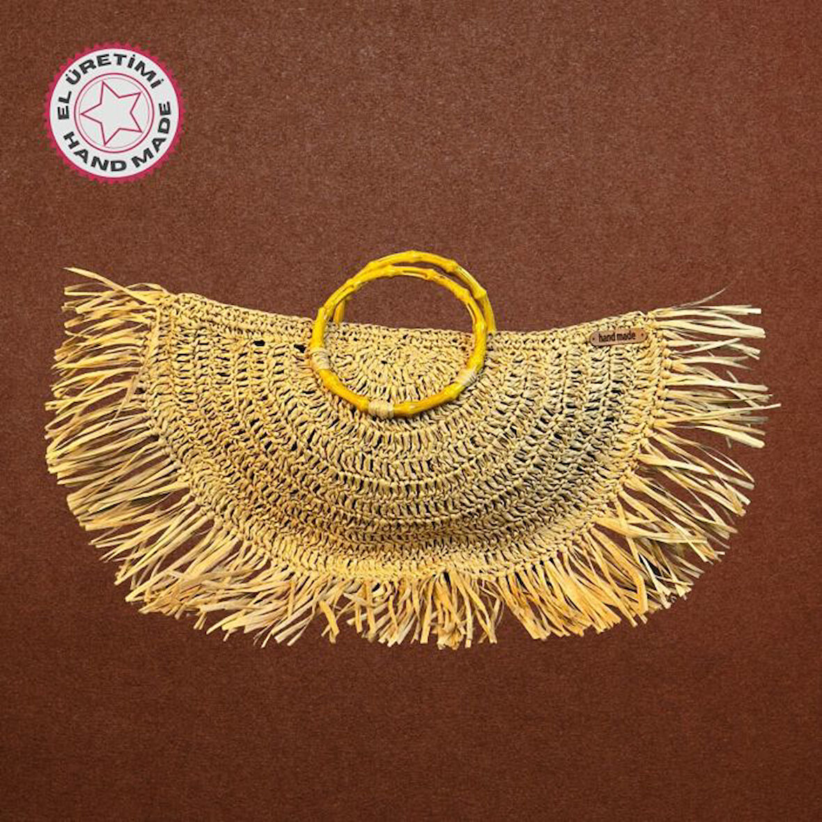 Uretti - Ayşe 4723 7638 El Örgüsü Rafya İp Ahşap Saplı ve Püsküllü Kahverengi Clutch El Çantası