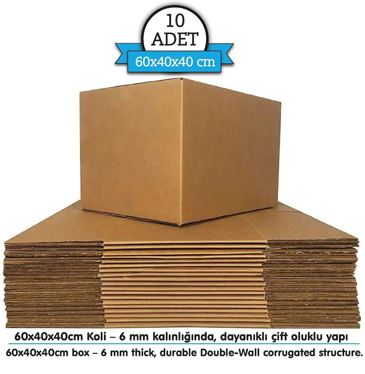 PackMai 60x40x40 1.Kalite 10 Adet Koli-Kutu 6mm Kalınlık Çift Oluk (Ev Taşıma-Çeyiz-Ambalaj-Paketleme)