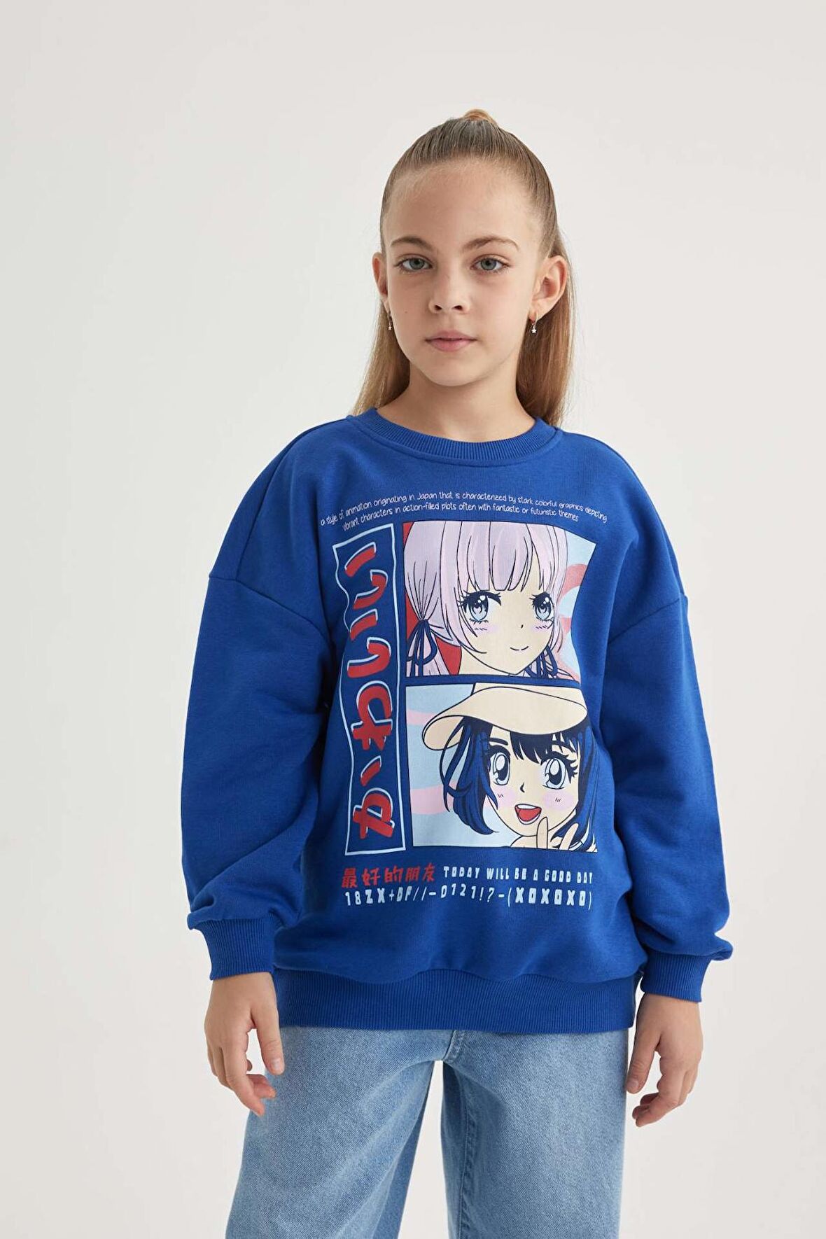 DeFacto Kız Çocuk Relax Fit Bisiklet Yaka Baskılı Sweatshirt B4673A823WNBE169