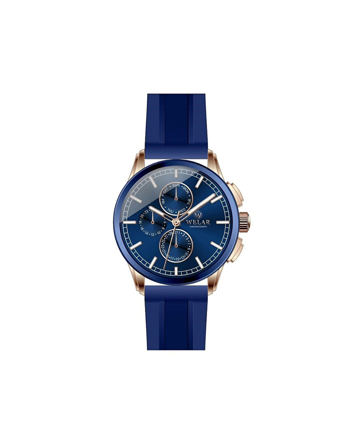 WEL3434-1 Lacivert Kadran ve Lacivert Rose Kaplama Kasa Kordon Silikon Çelik Erkek Kol Saati