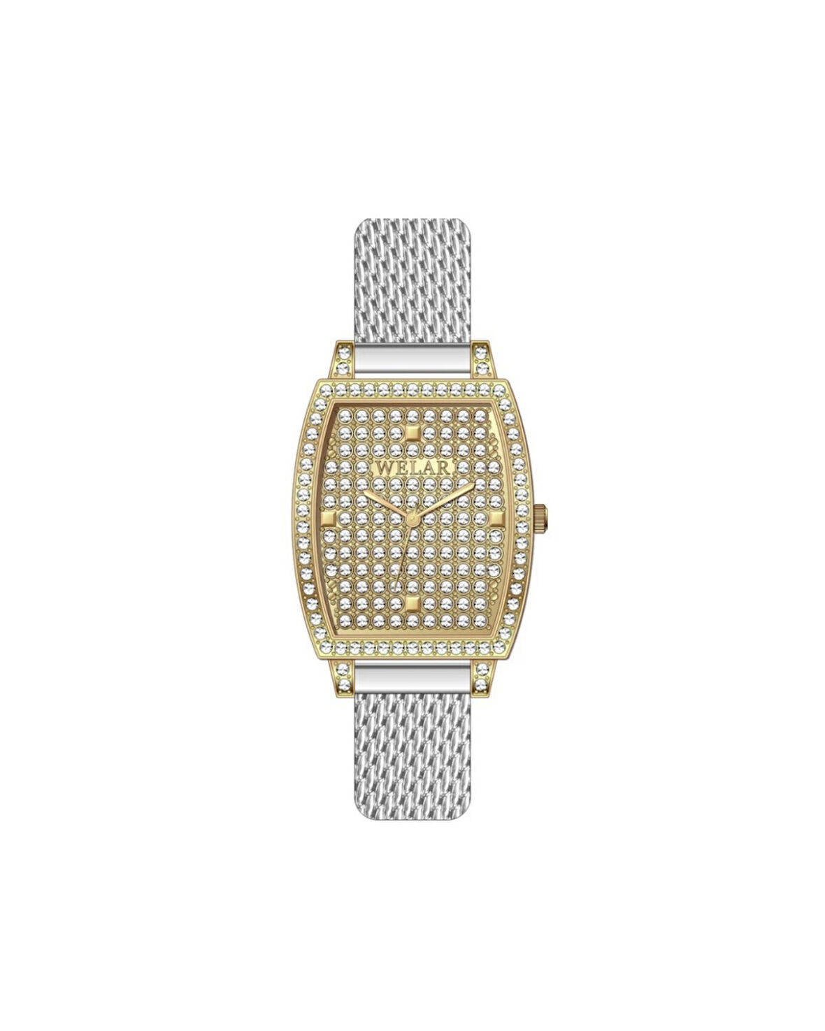 WEL3362-1 Dikdörtgen Taşlı Kasa Tasarımı Gold Kadran Gümüş Kaplama Hasır Kordon Kadın Kol Saati