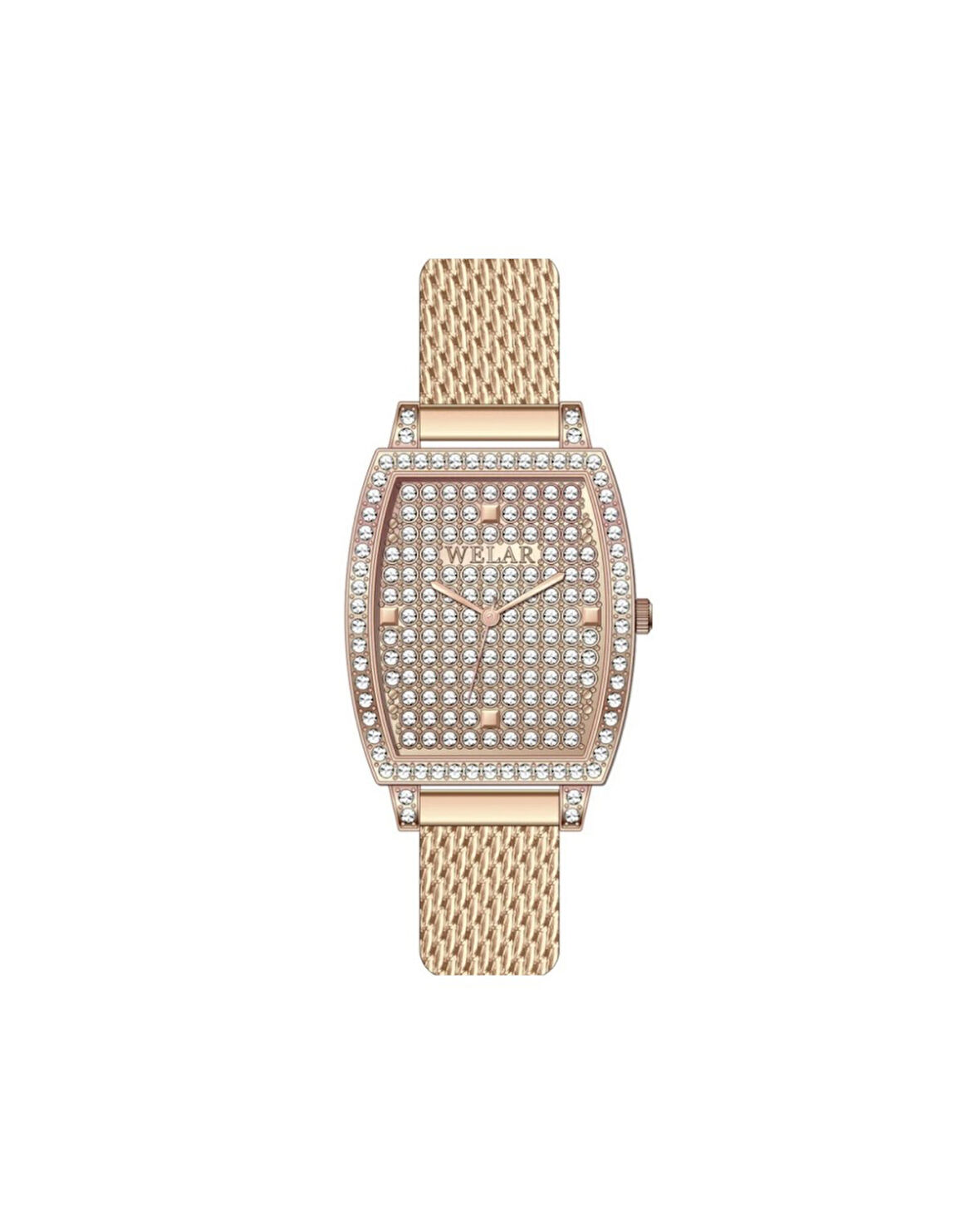 WEL3362-3 Dikdörtgen Kasa Tasarımı Taşlı Rose Kadran ve Rose Kaplama Hasır Kordon Kadın Kol Saati