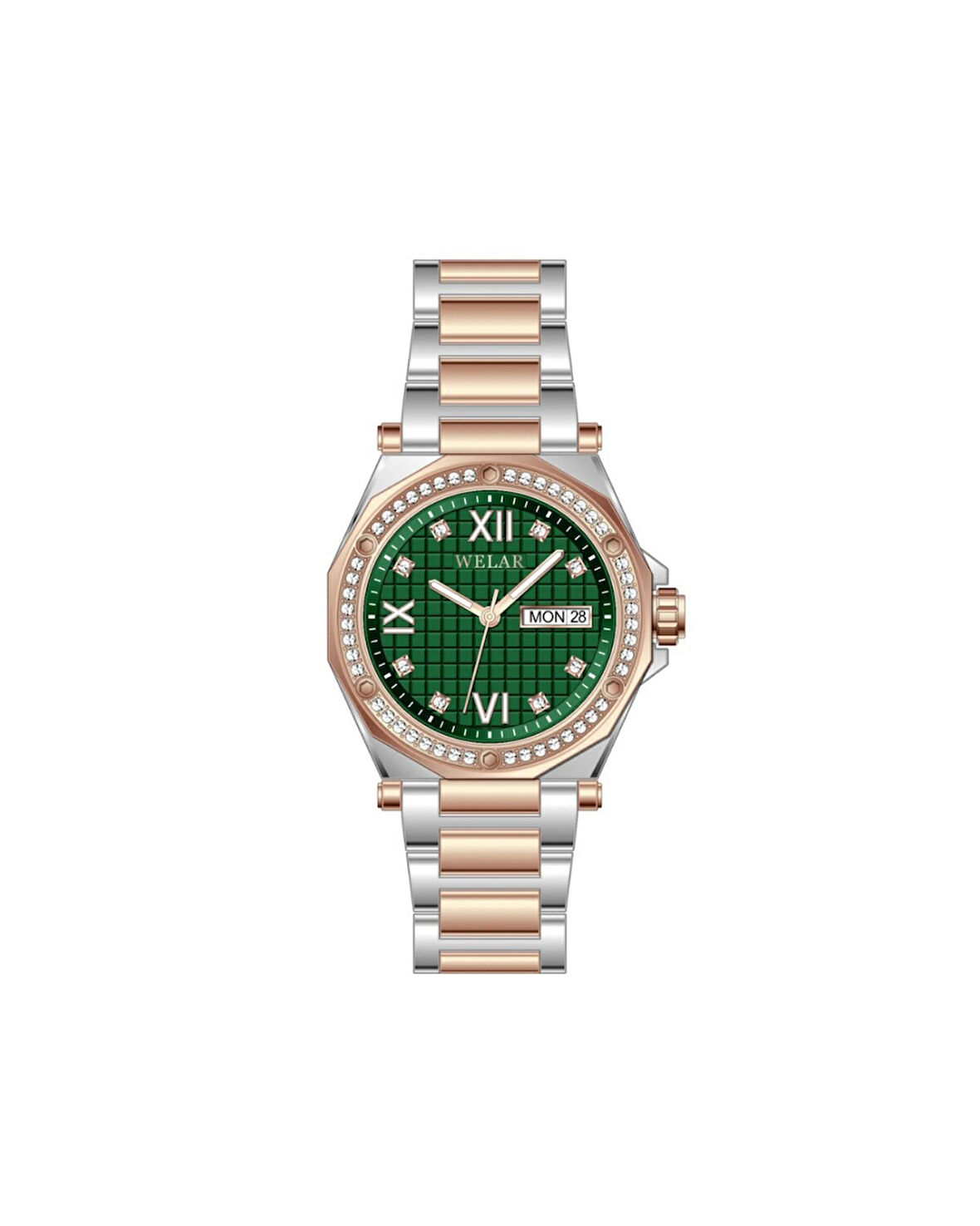 WEL3402-7 Taşlı Yeşil Kasa Tasarımı ve Rose Gümüş Kaplama Kordon Çelik Kadın Kol Saati