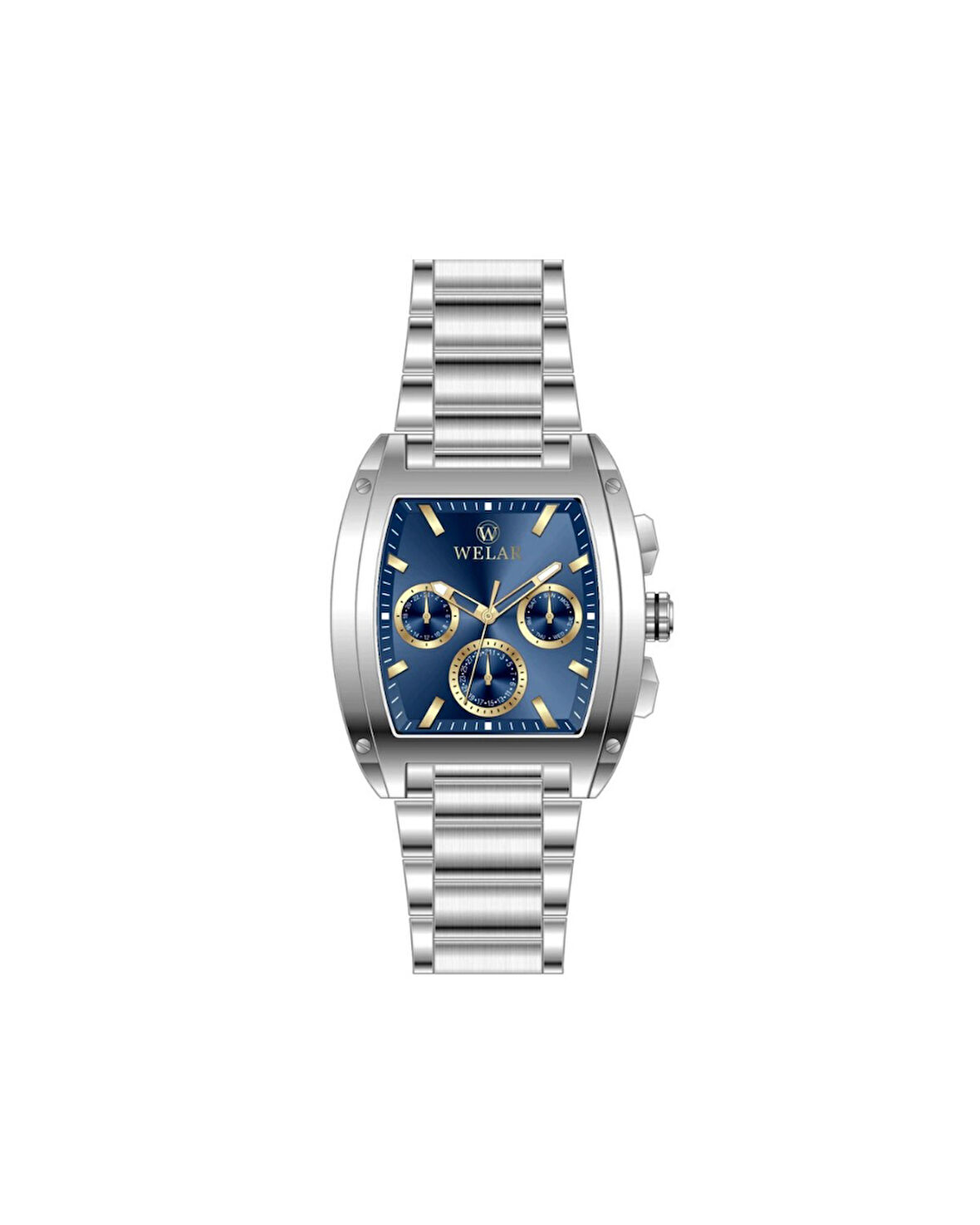 WEL3403-5 Fonksiyonlu Dikdörtgen Kasa Lacivert Kadran ve Gümüş Kordon Çelik Erkek Kol Saati